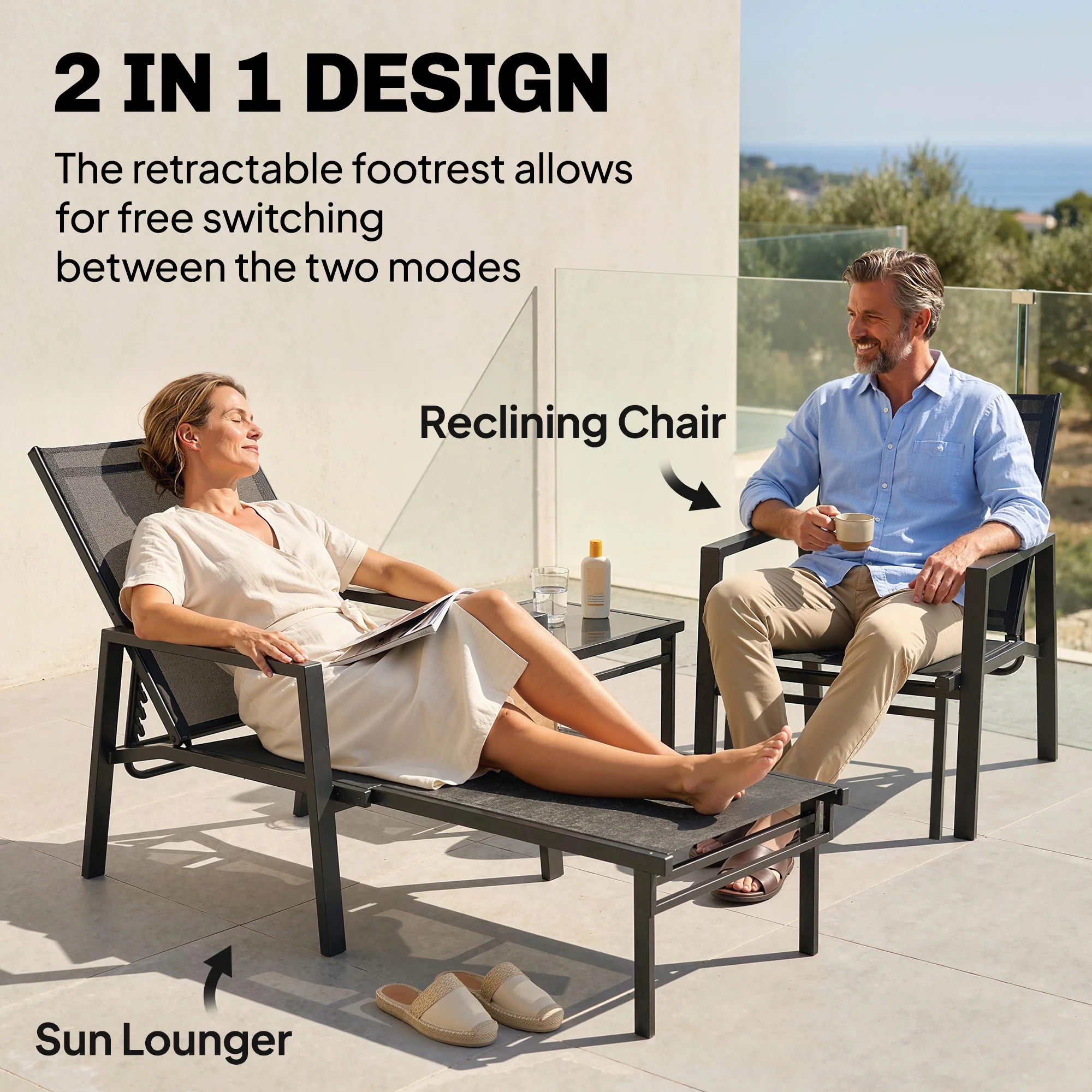 5-Position Sun Lounger with Retractable Footrest, Steel for Patio & Camping, Dark Grey - Image 6