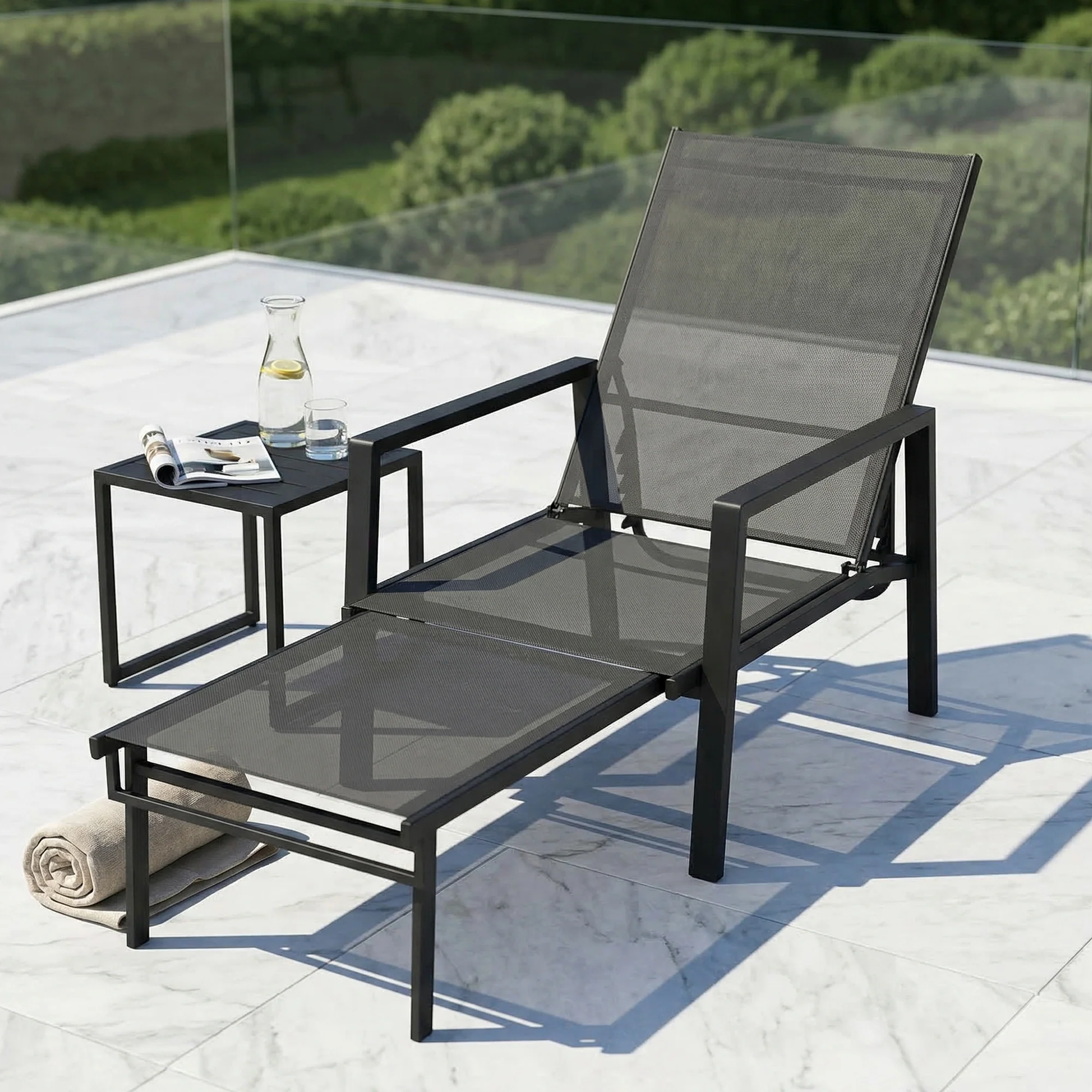 5-Position Adjustable Sun Lounger with Retractable Footrest, Steel Frame, Black - Image 4