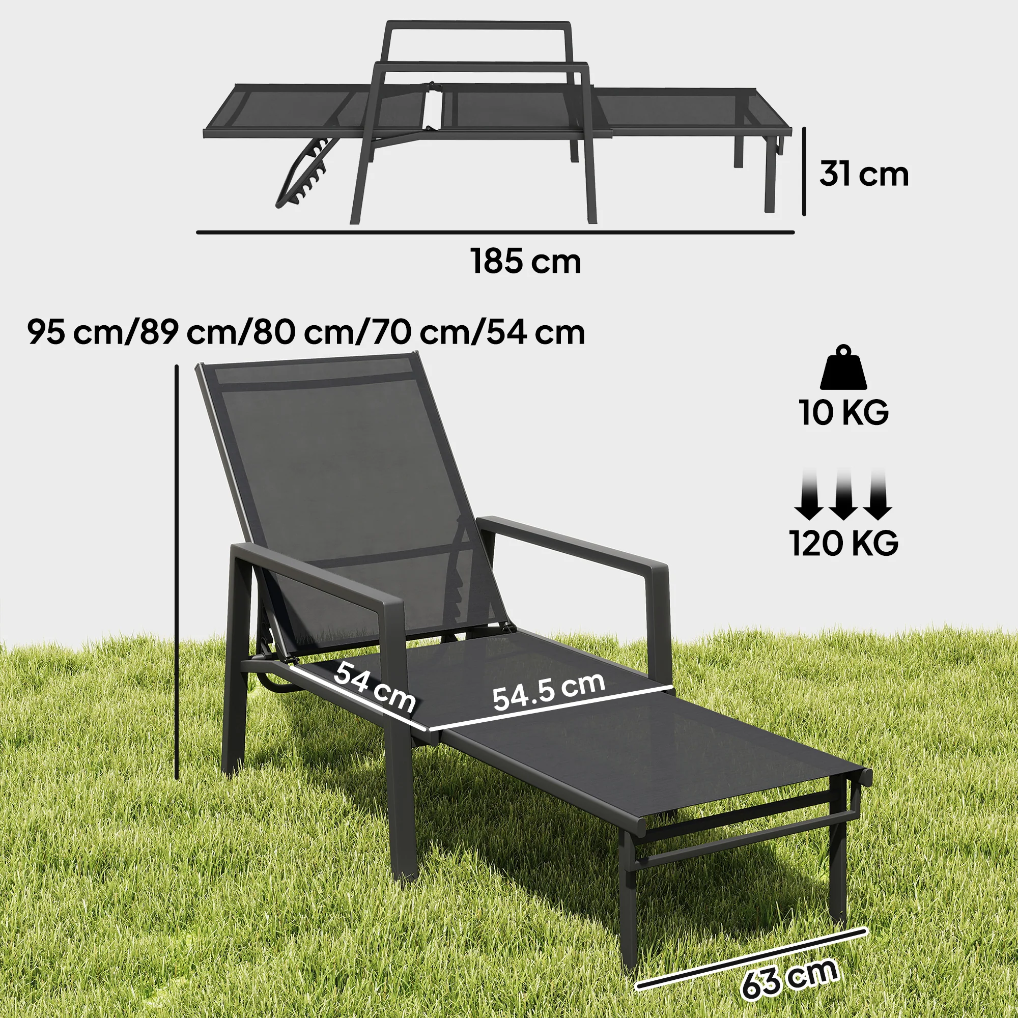 5-Position Adjustable Sun Lounger with Retractable Footrest, Steel Frame, Black - Image 5