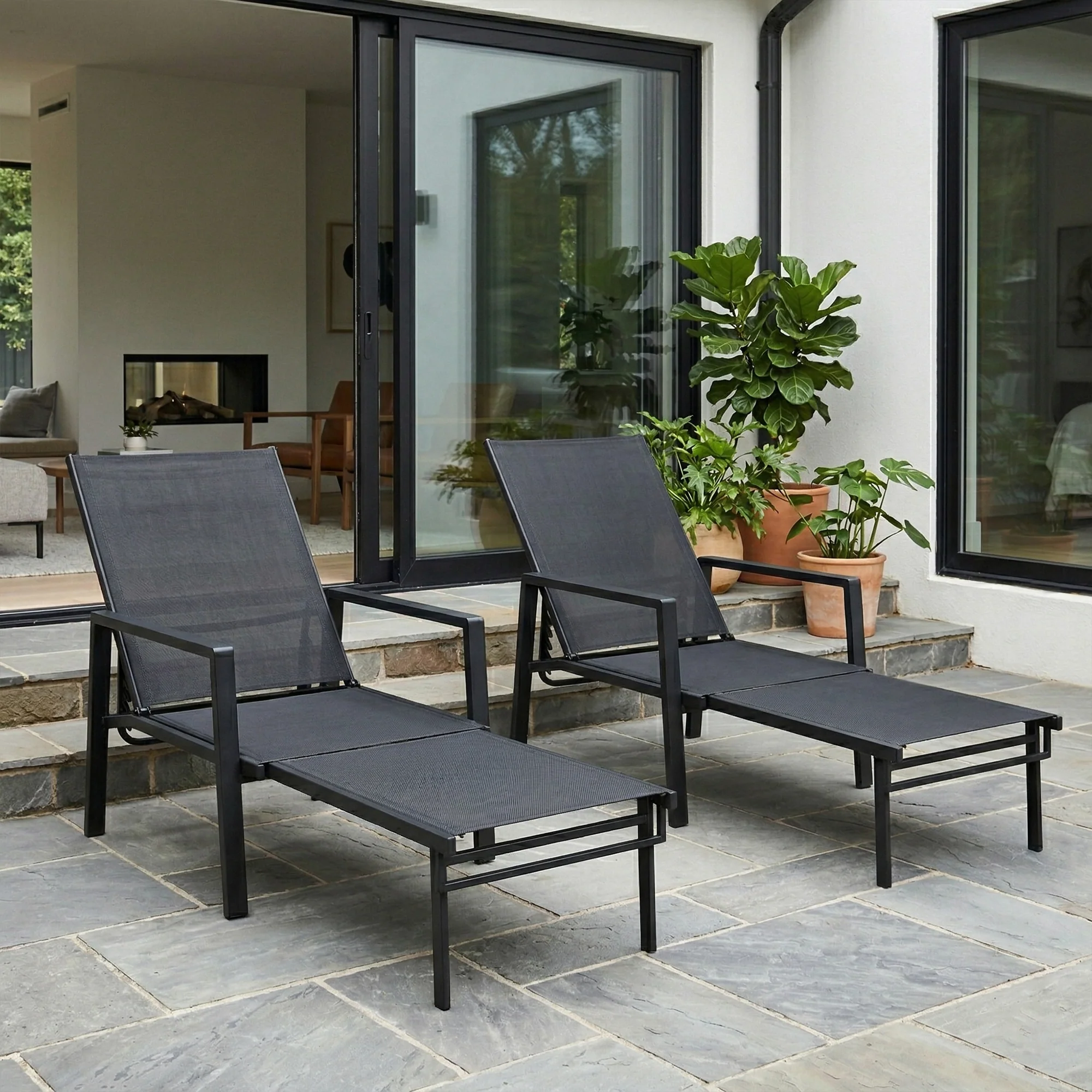 Set of 2 Adjustable Sun Loungers with Retractable Footrest, Steel Frame, Black - Image 3