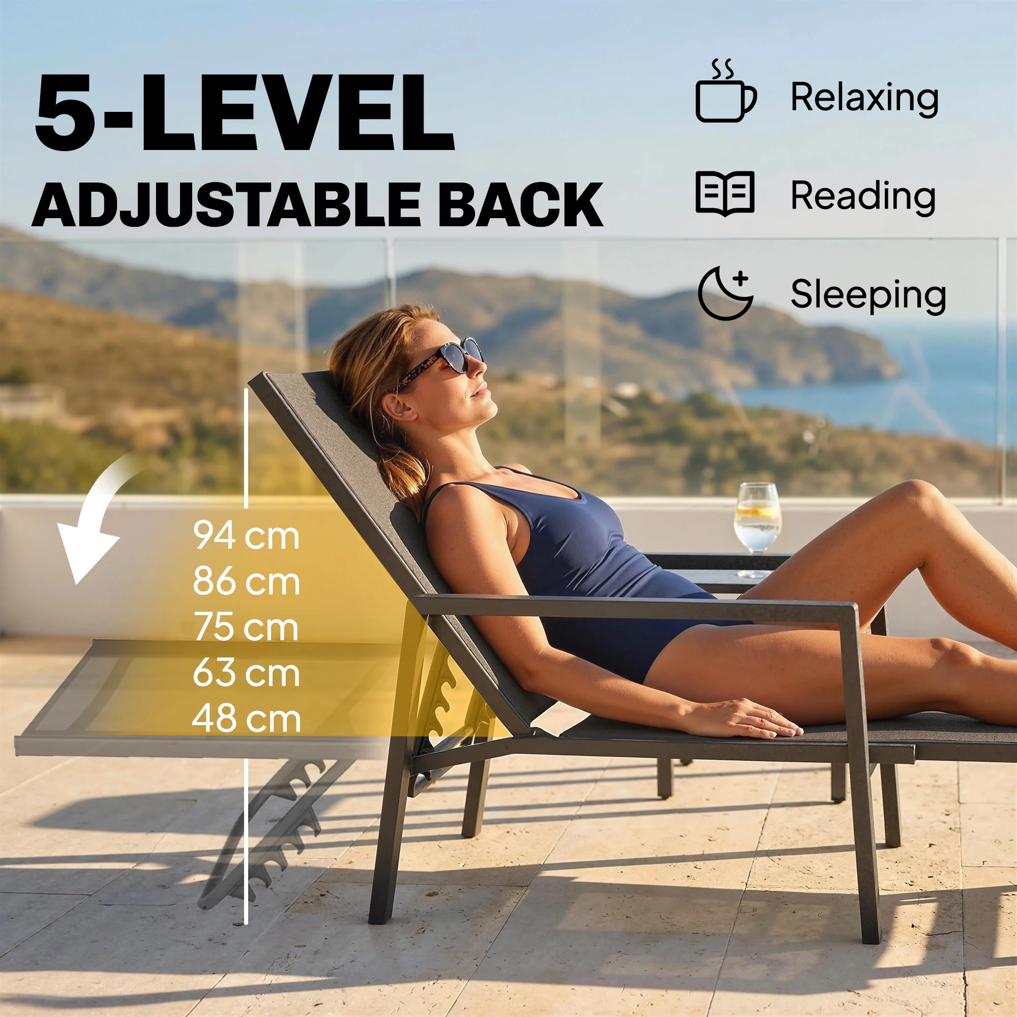 Set of 2 Adjustable Sun Loungers with Retractable Footrest, Steel Frame, Black - Image 7