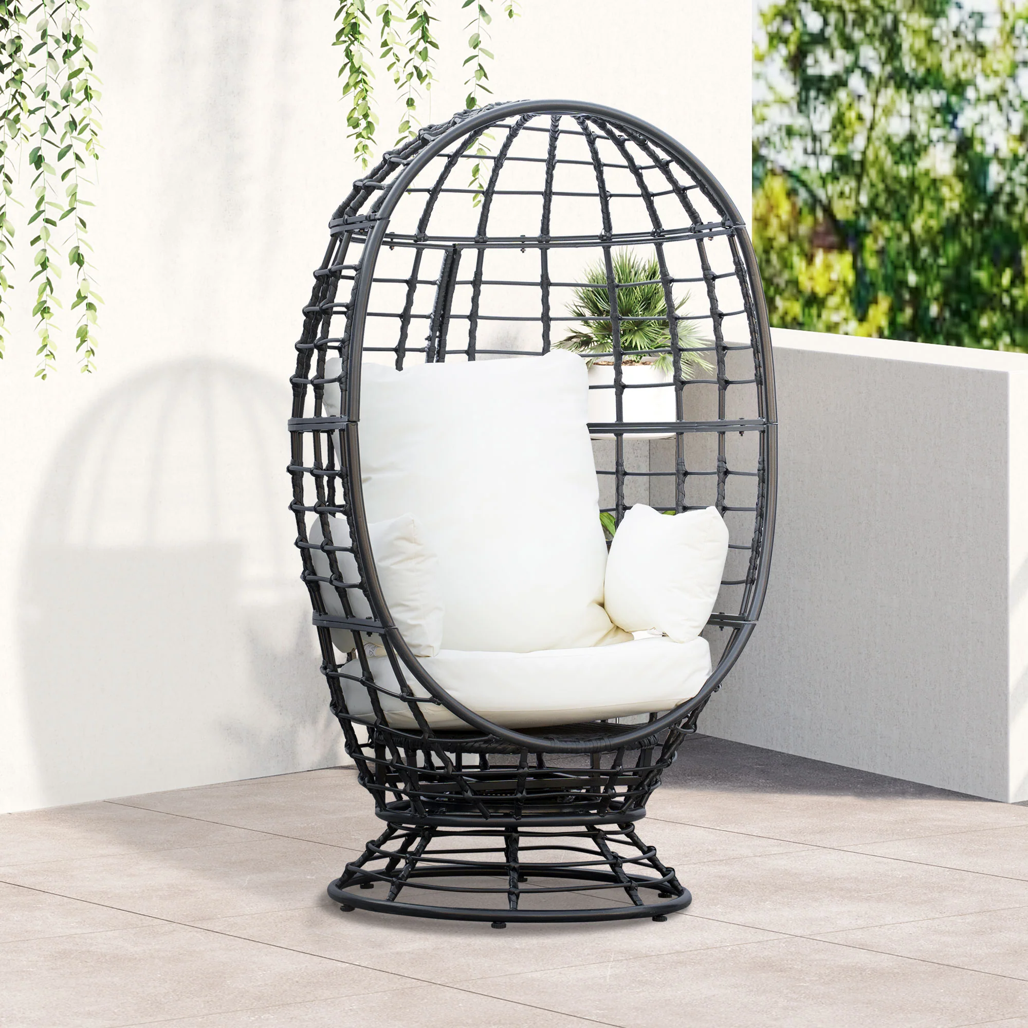 Rattan Swivel Egg Chair with Cushion & Pillow for Balcony, Garden, Patio, Black - Image 3