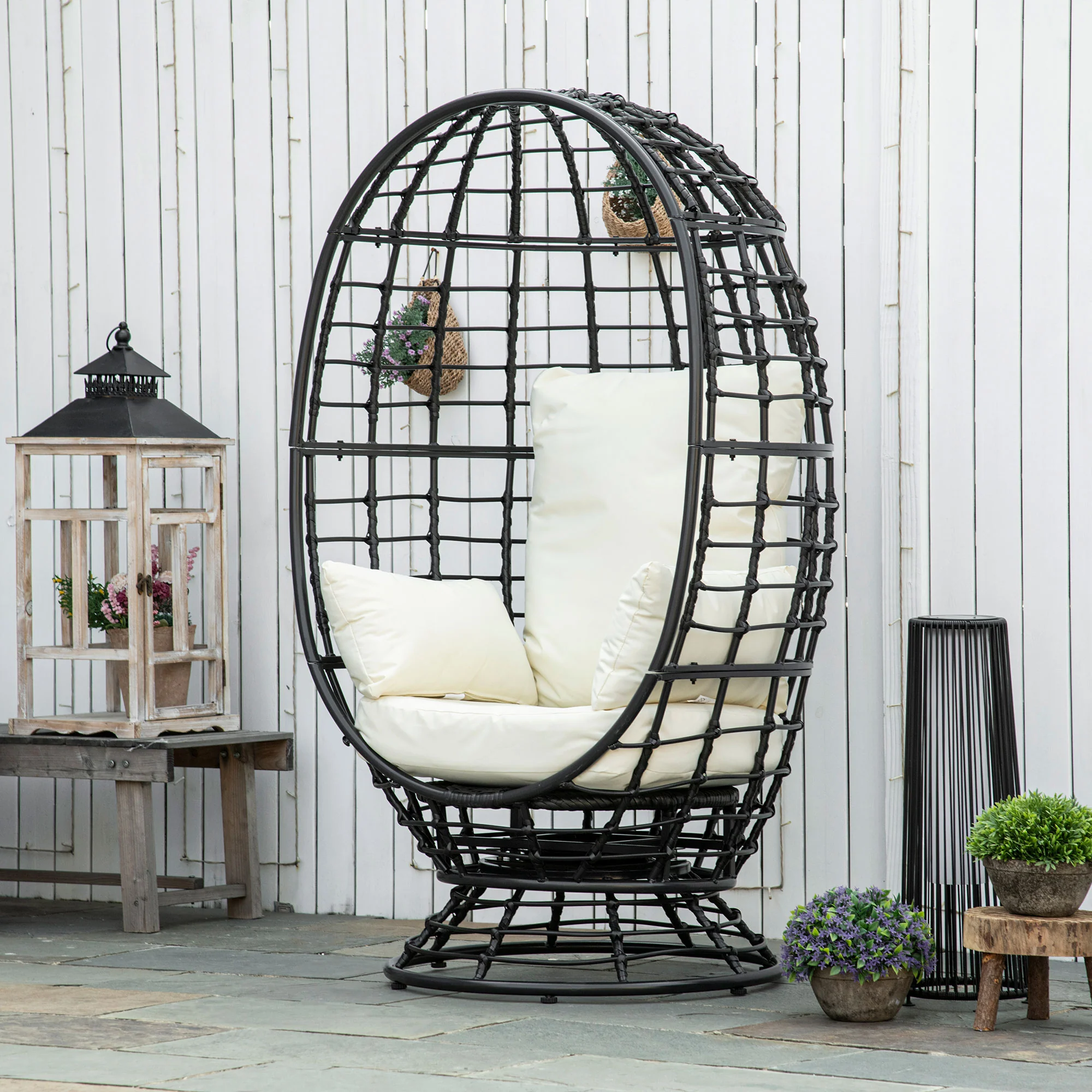 Rattan Swivel Egg Chair with Cushion & Pillow for Balcony, Garden, Patio, Black - Image 4