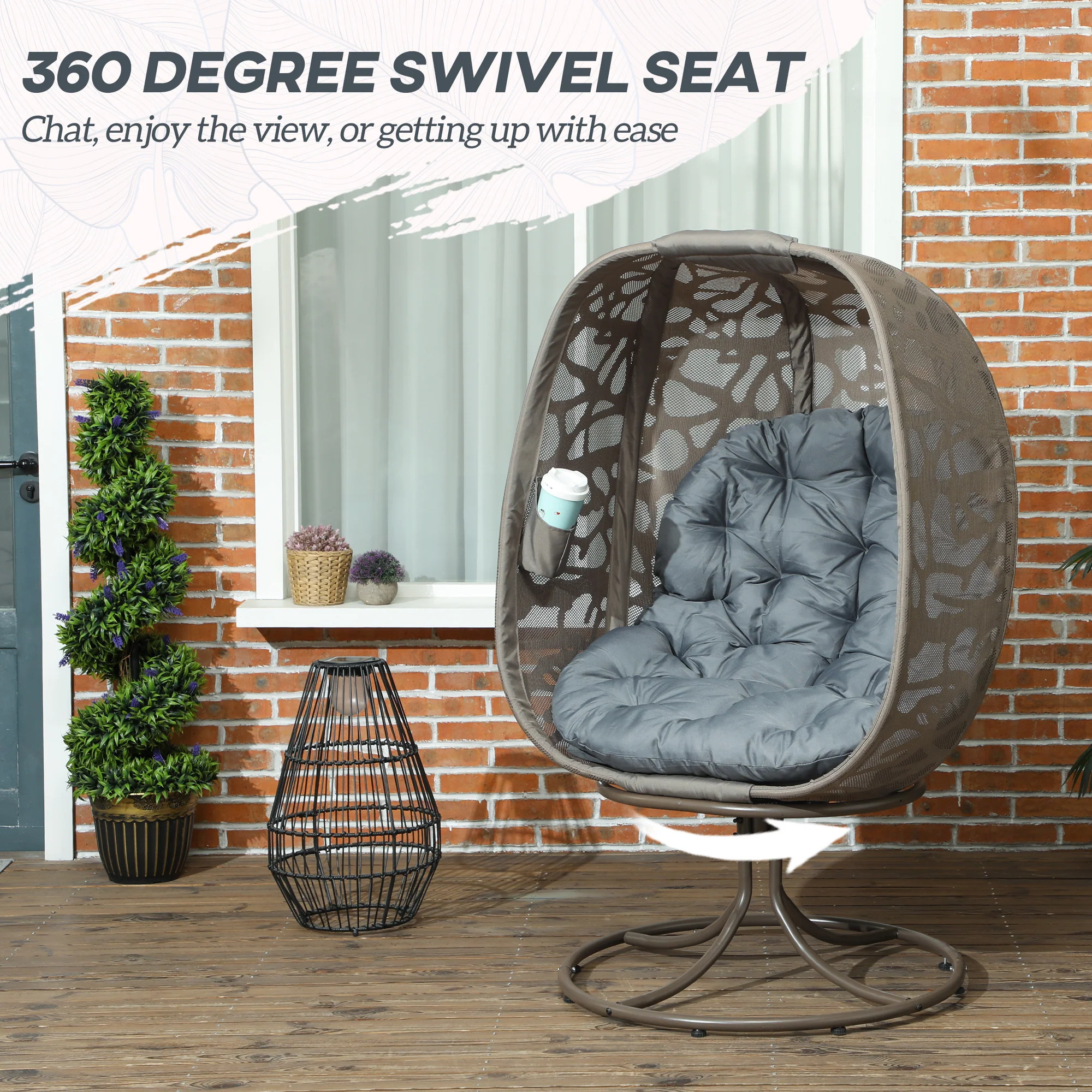 Swivel Egg Chair with Cushions & Foldable Basket Seat, Grey - Image 6