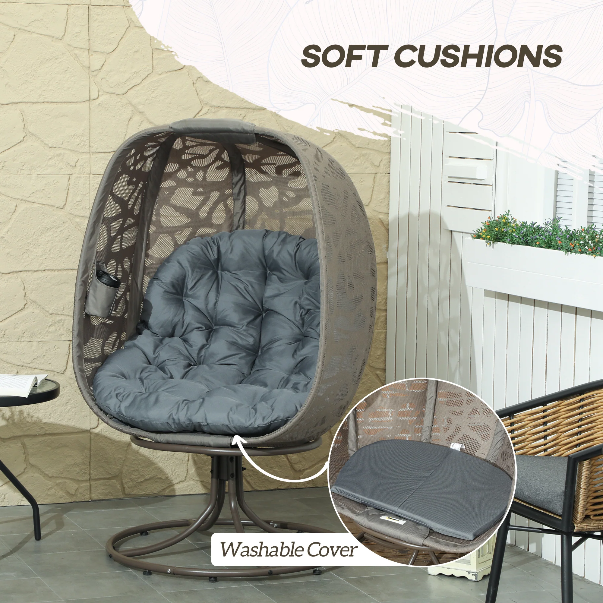 Swivel Egg Chair with Cushions & Foldable Basket Seat, Grey - Image 7