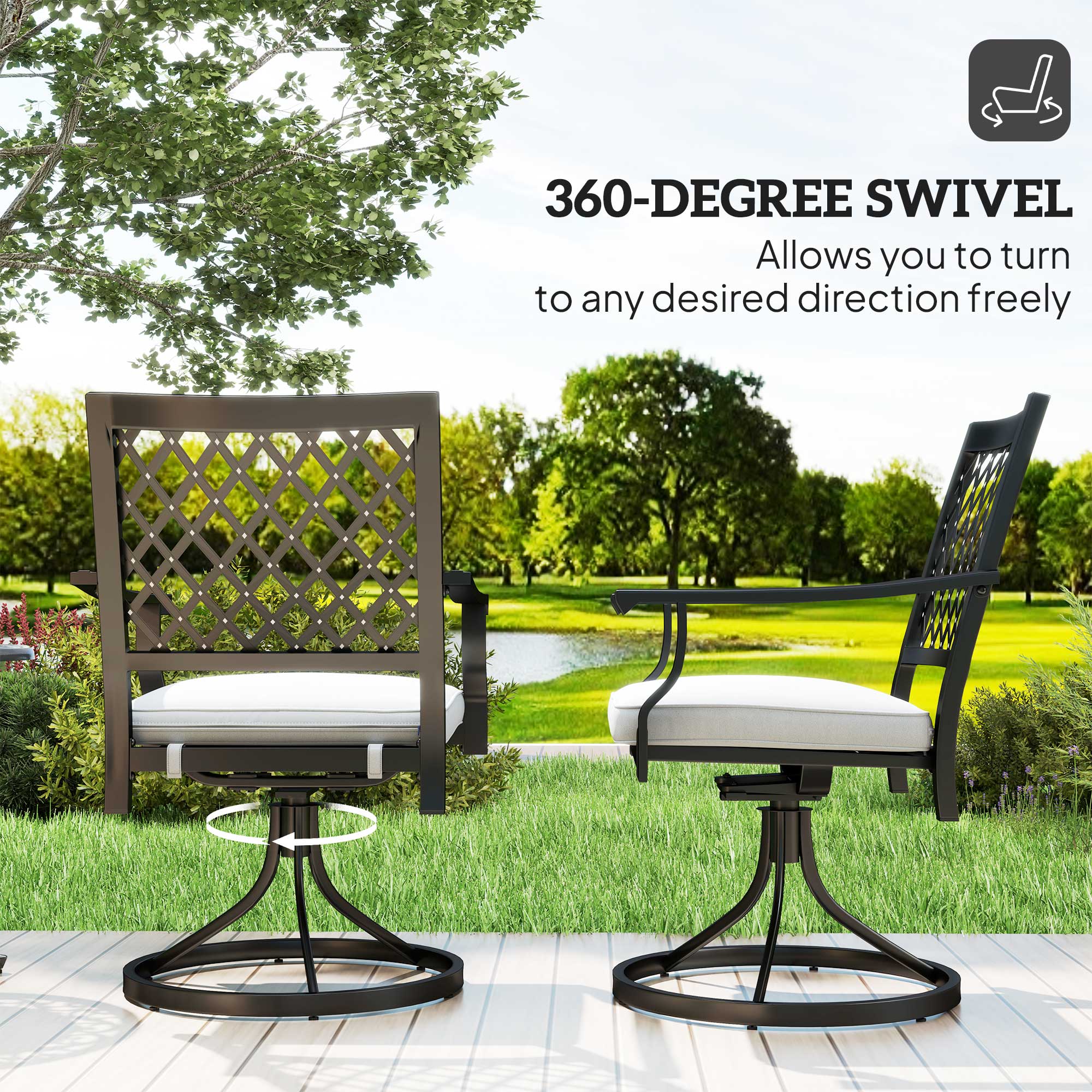Set of 2 Outdoor Metal Swivel Rocker Chairs with Cushion & Armrests for Backyard, Black - Image 6