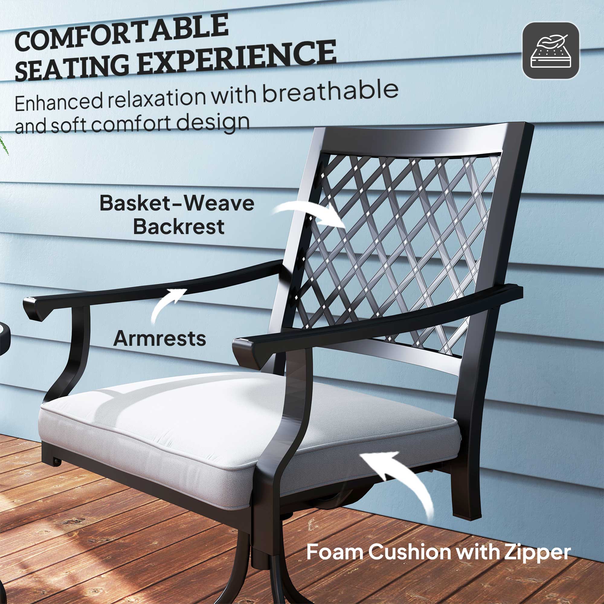Set of 2 Outdoor Metal Swivel Rocker Chairs with Cushion & Armrests for Backyard, Black - Image 8
