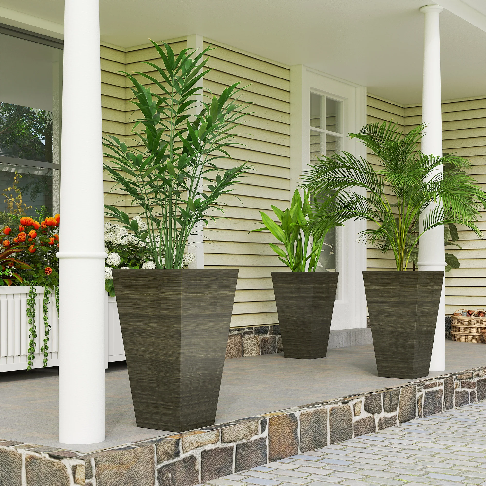 3-Piece 28" Tall Planter Set with Drainage Holes, Dark Brown