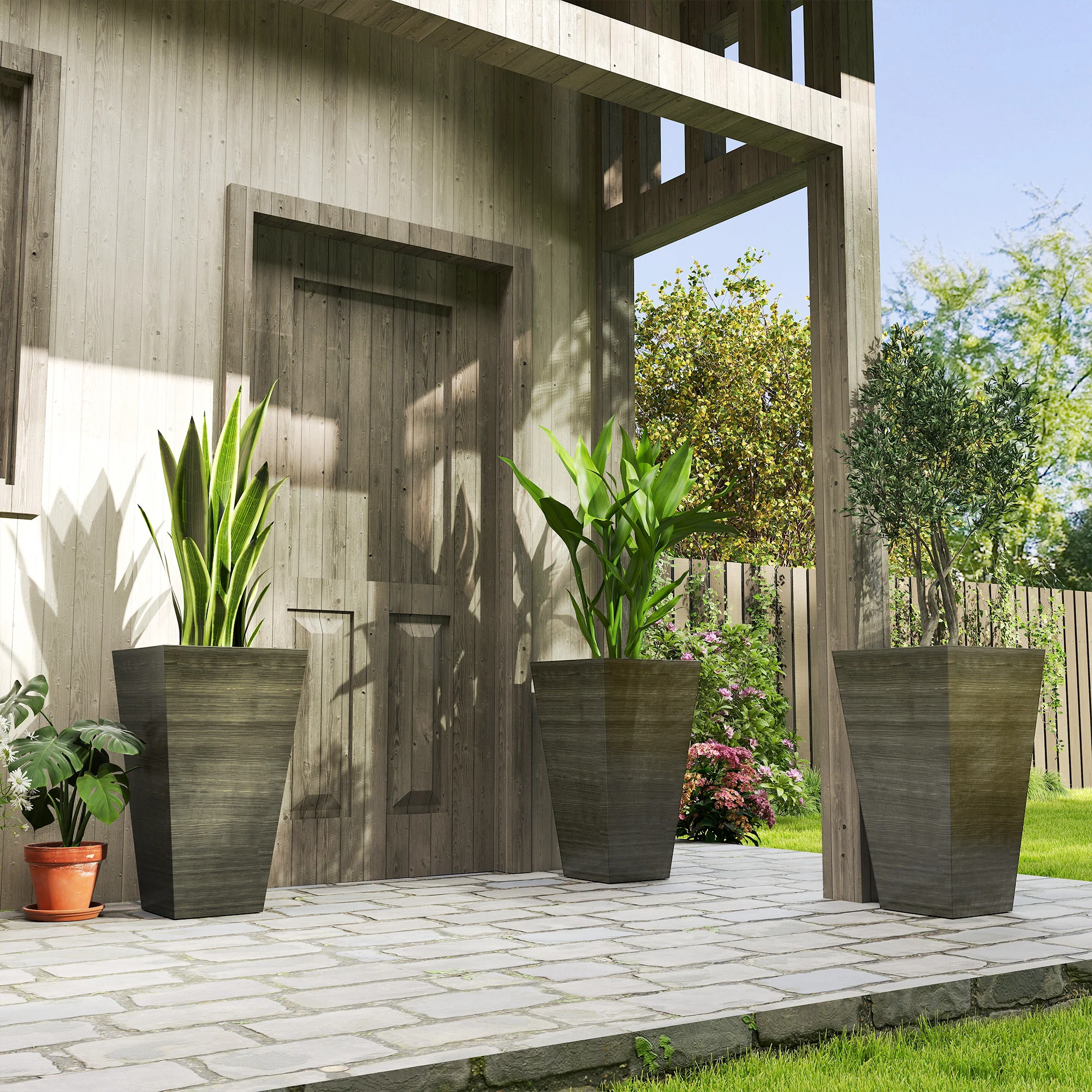 3-Piece 28" Tall Planter Set with Drainage Holes, Dark Brown - Image 4