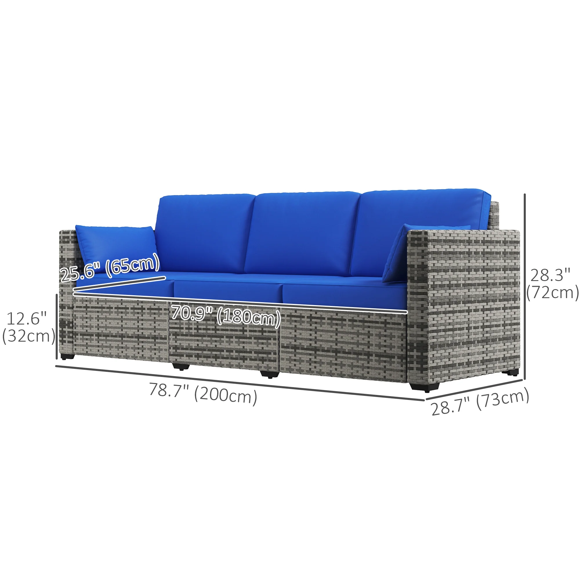 3-Seat PE Rattan Outdoor Sofa with Cushions and Pillows for Patio, Blue - Image 5