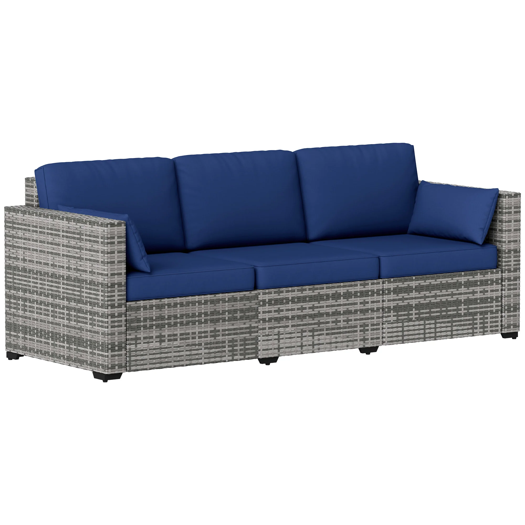 3-Seat PE Rattan Outdoor Sofa with Cushions and Pillows, Dark Blue