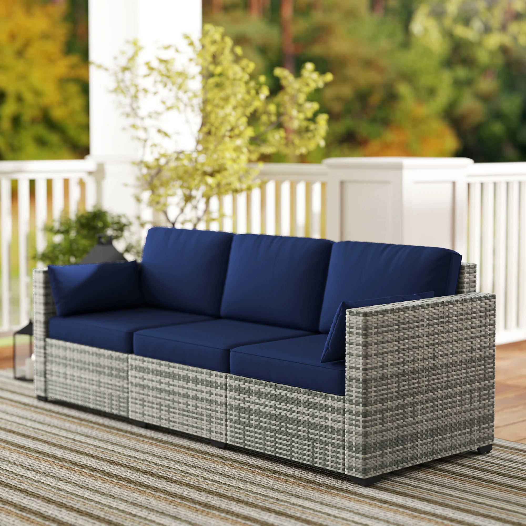 3-Seat PE Rattan Outdoor Sofa with Cushions and Pillows, Dark Blue - Image 10