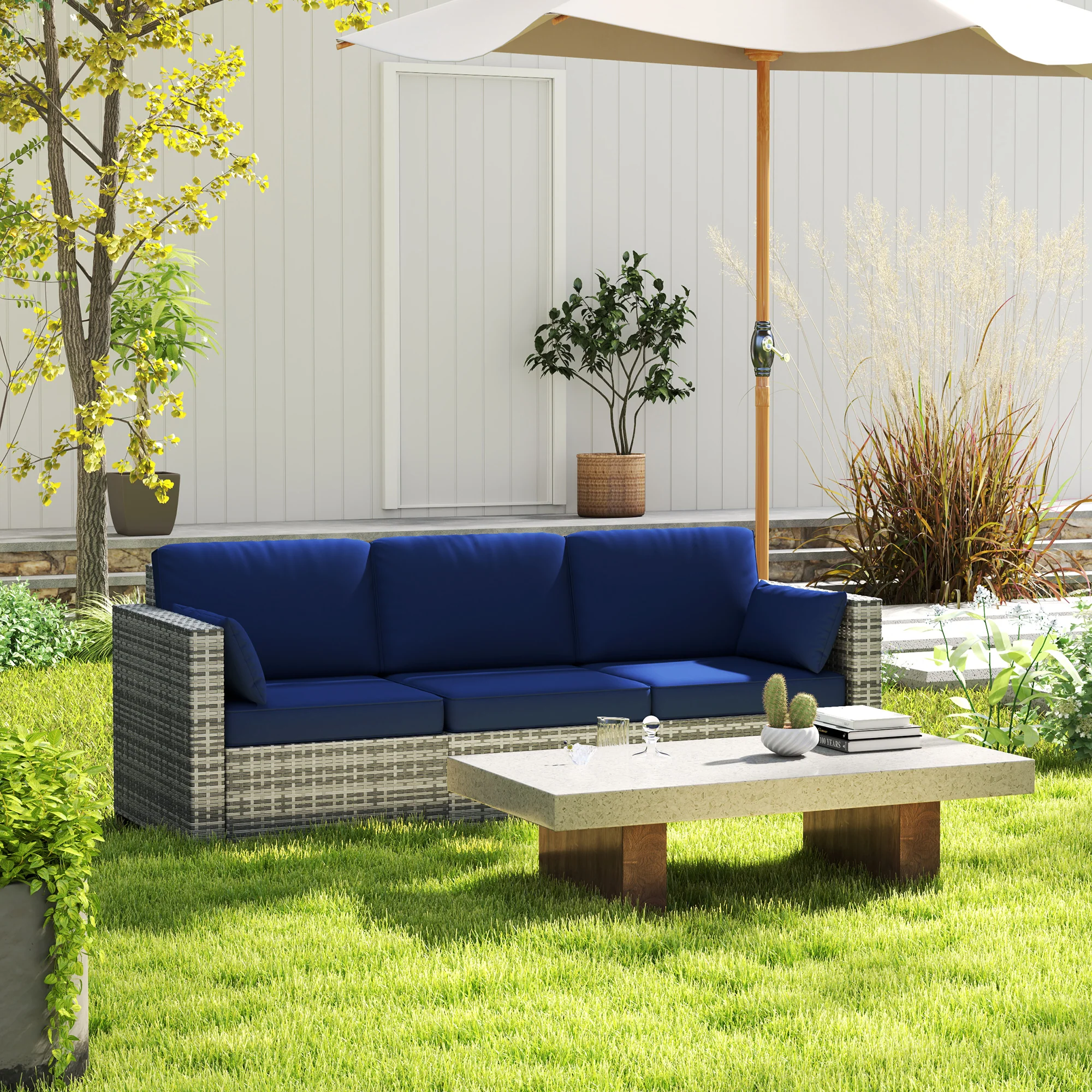 3-Seat PE Rattan Outdoor Sofa with Cushions and Pillows, Dark Blue - Image 11
