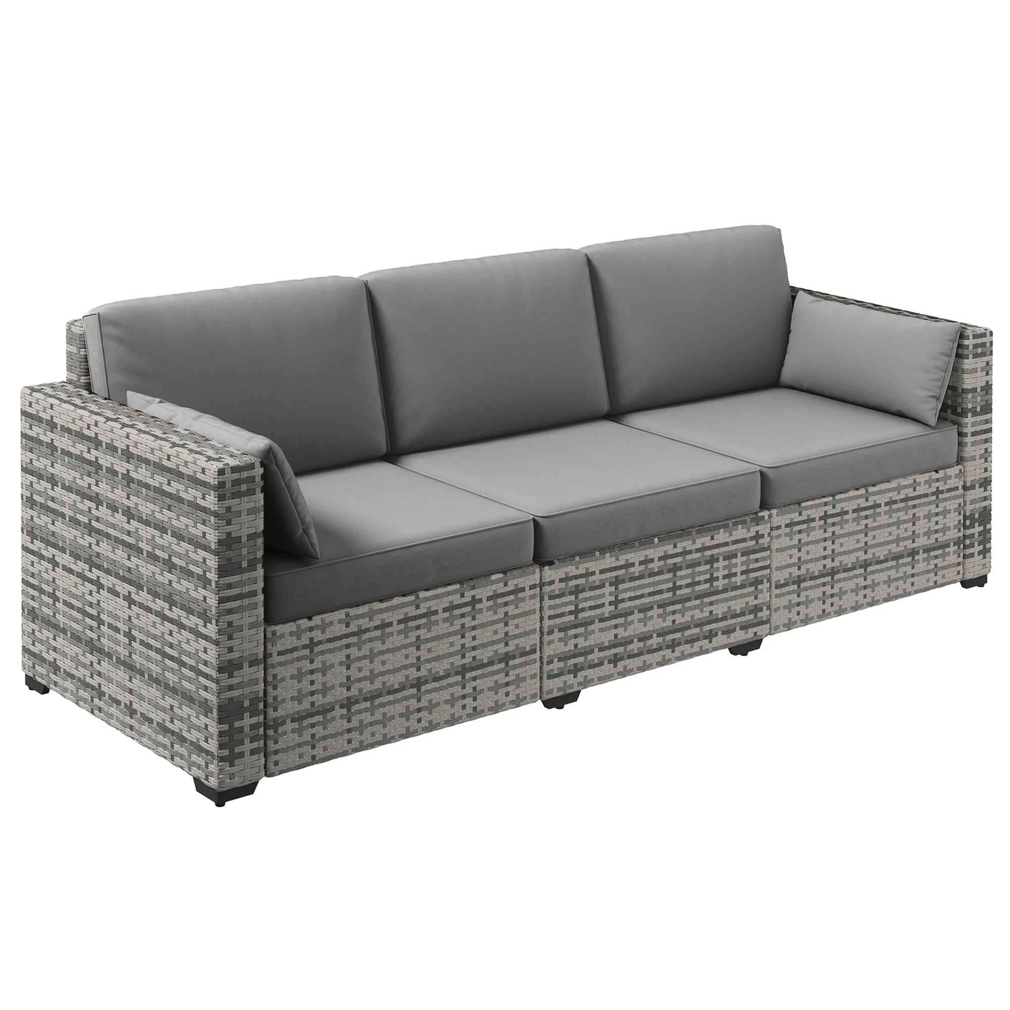 3-Seat Outdoor PE Rattan Sofa with Cushions and Pillows, Grey