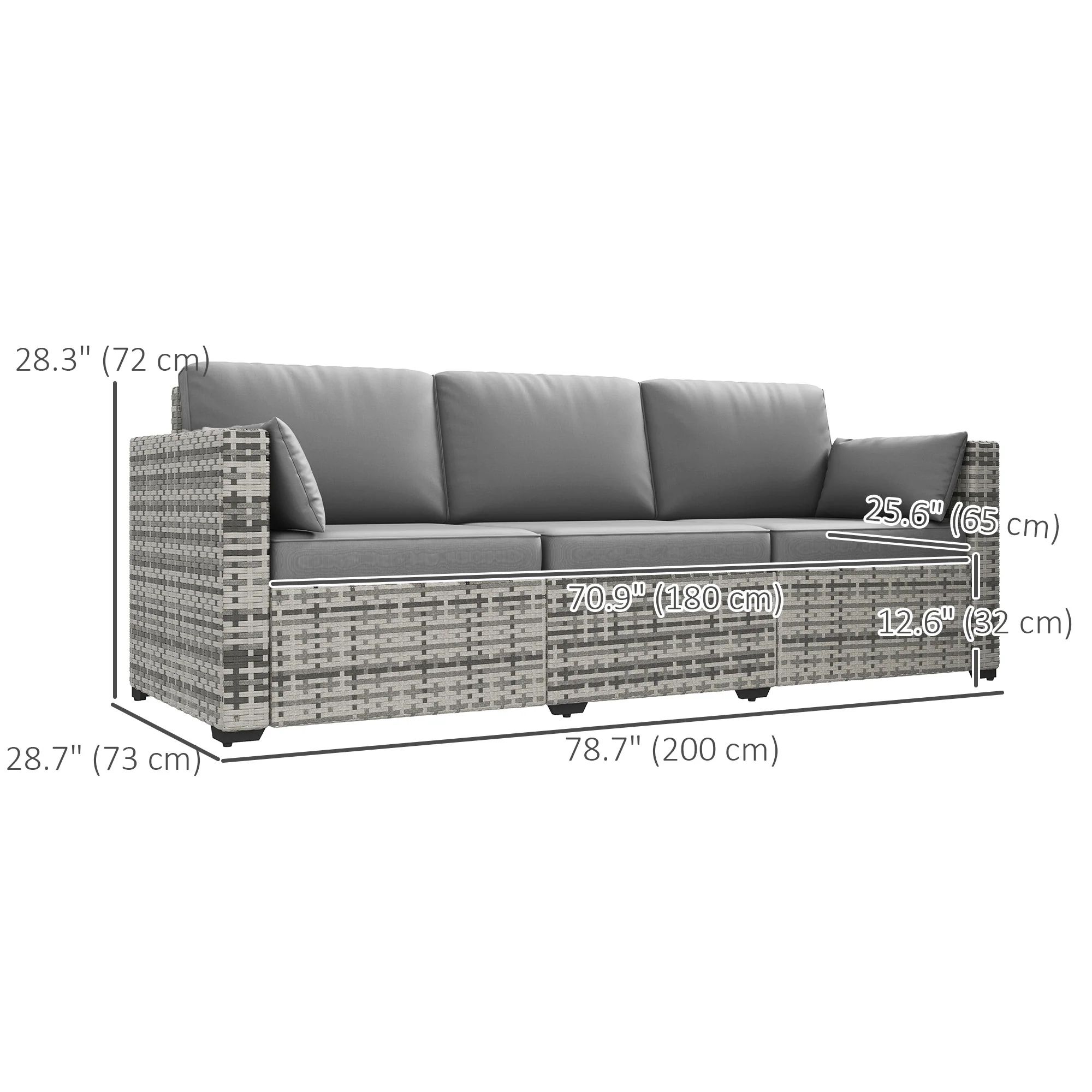 3-Seat Outdoor PE Rattan Sofa with Cushions and Pillows, Grey - Image 5