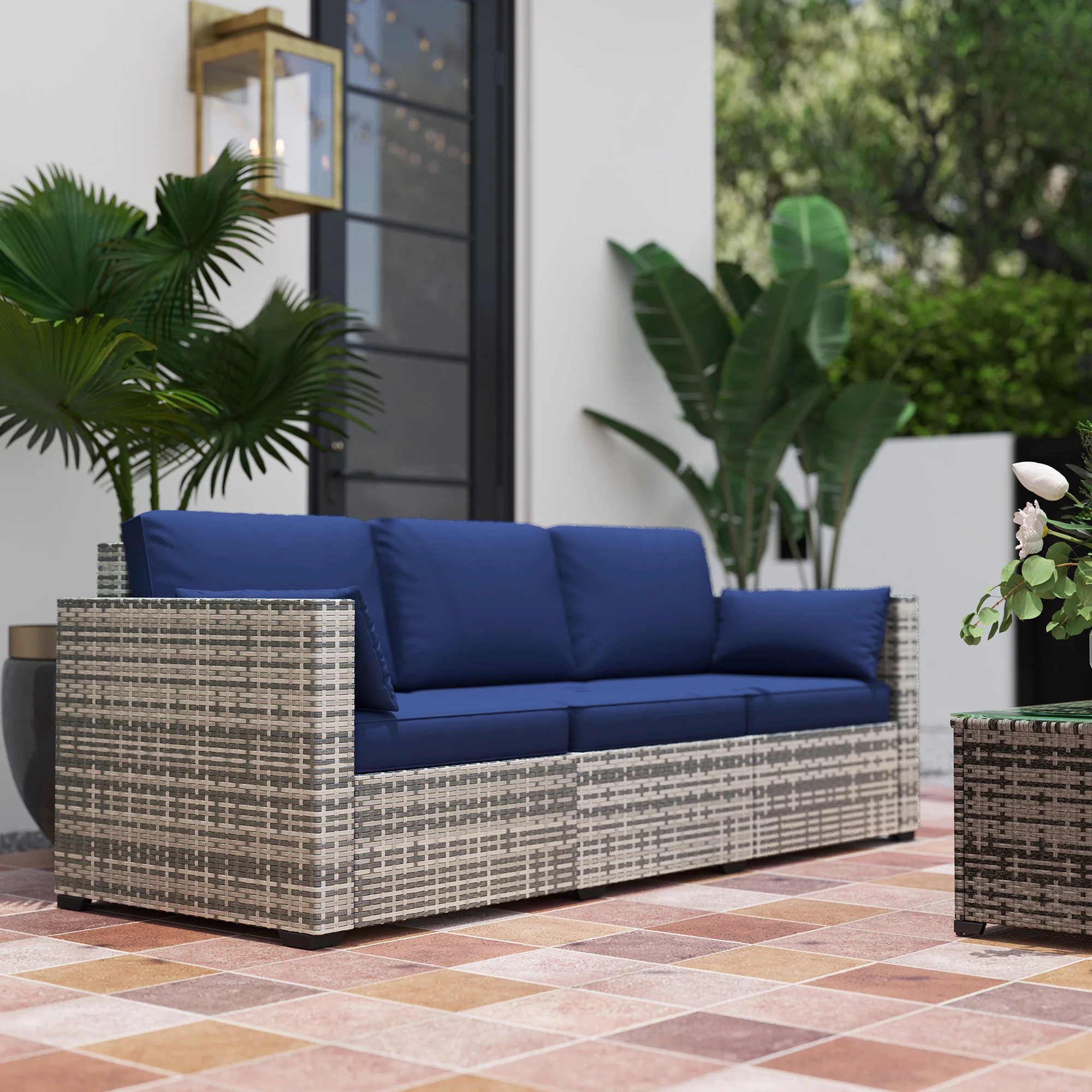 3-Seat PE Rattan Outdoor Sofa with Cushions and Pillows, Dark Blue - Image 4