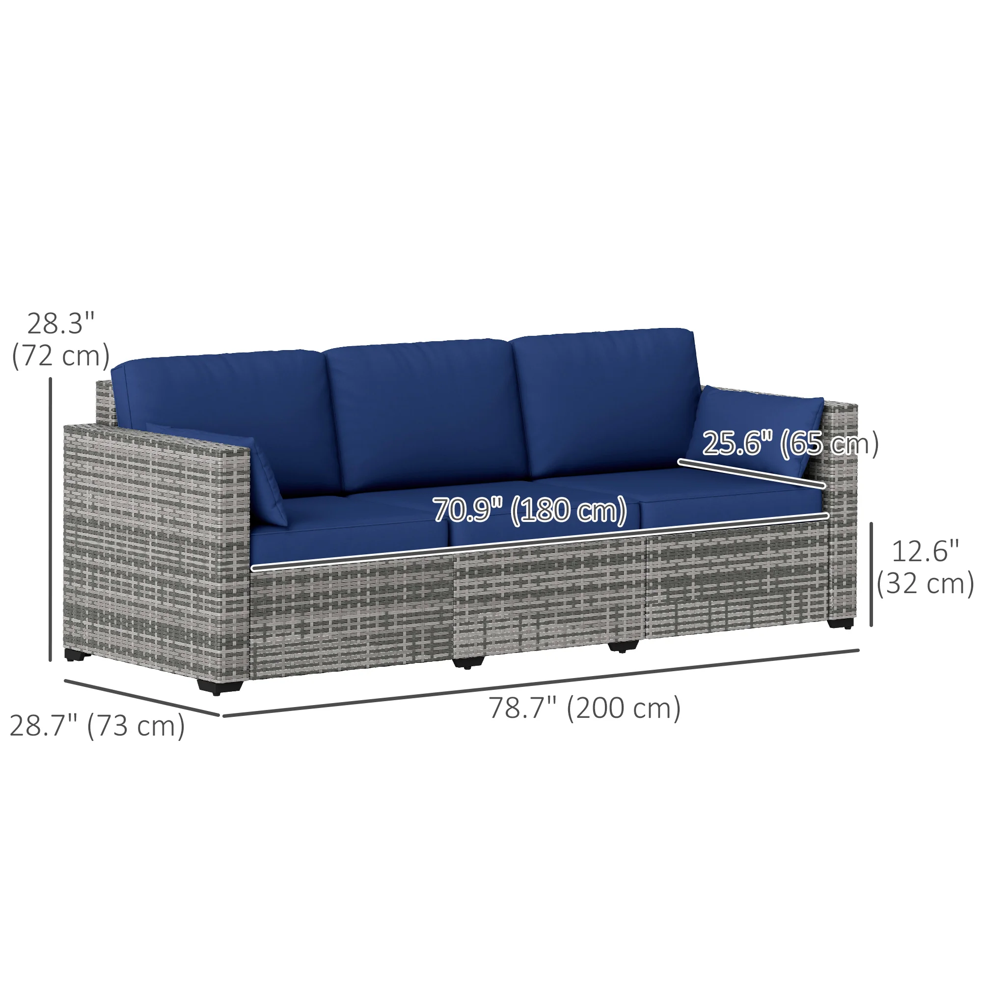 3-Seat PE Rattan Outdoor Sofa with Cushions and Pillows, Dark Blue - Image 5