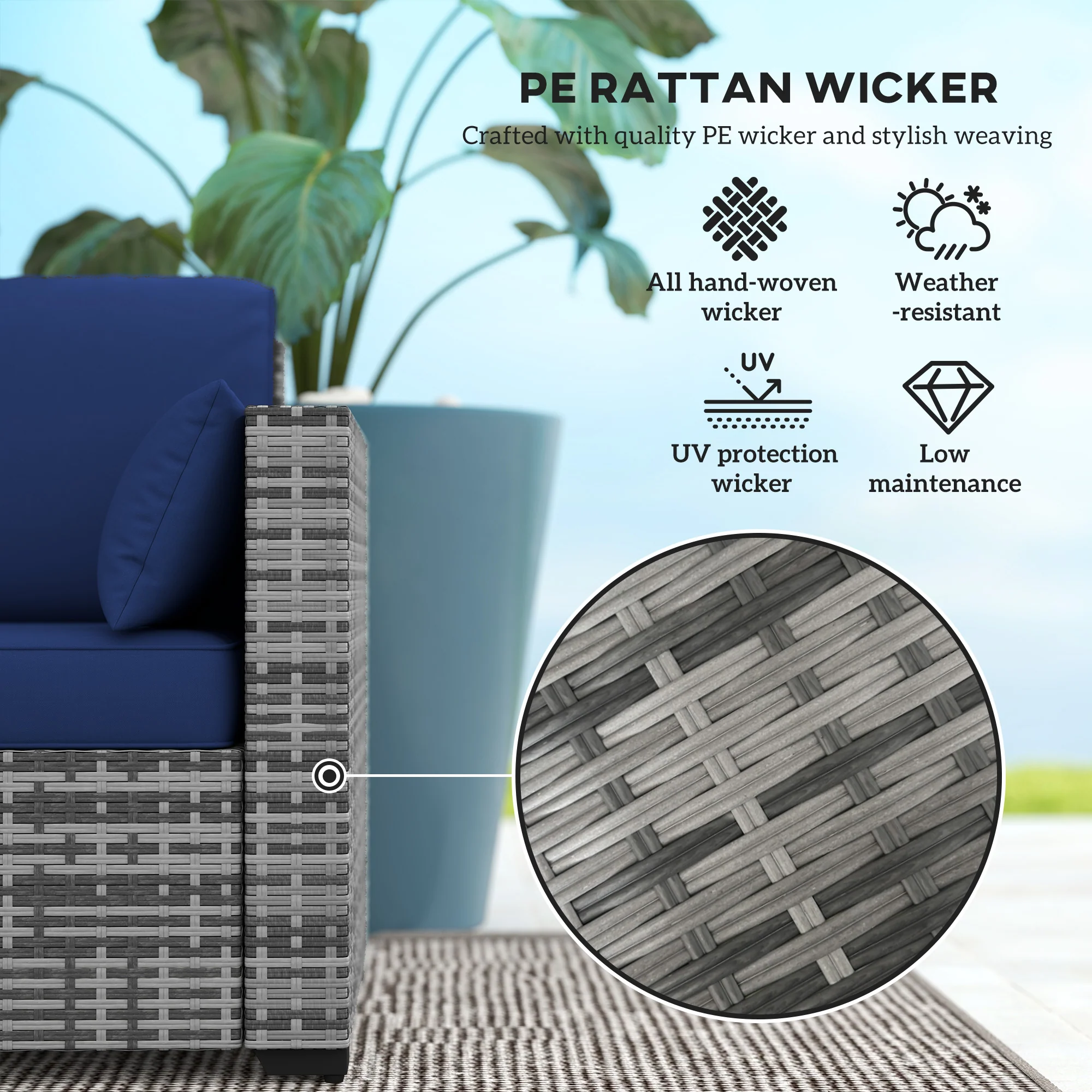 3-Seat PE Rattan Outdoor Sofa with Cushions and Pillows, Dark Blue - Image 7