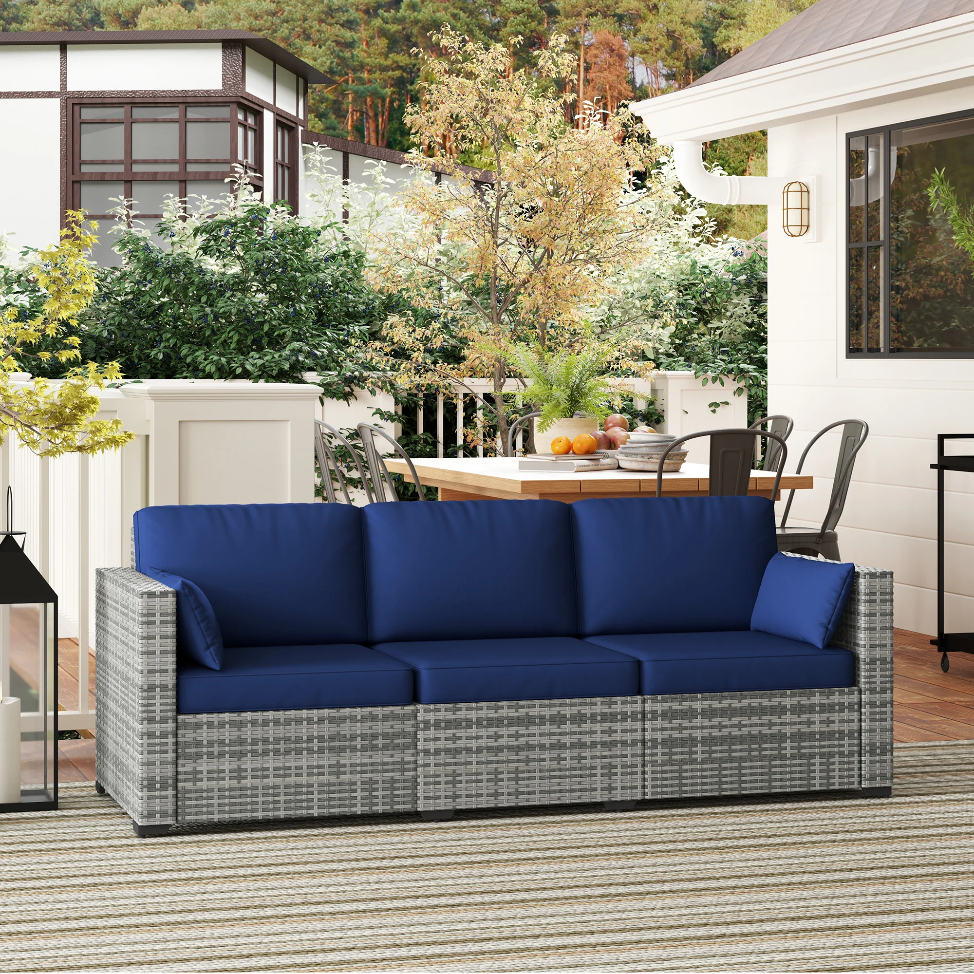 3-Seat PE Rattan Outdoor Sofa with Cushions and Pillows, Dark Blue - Image 9