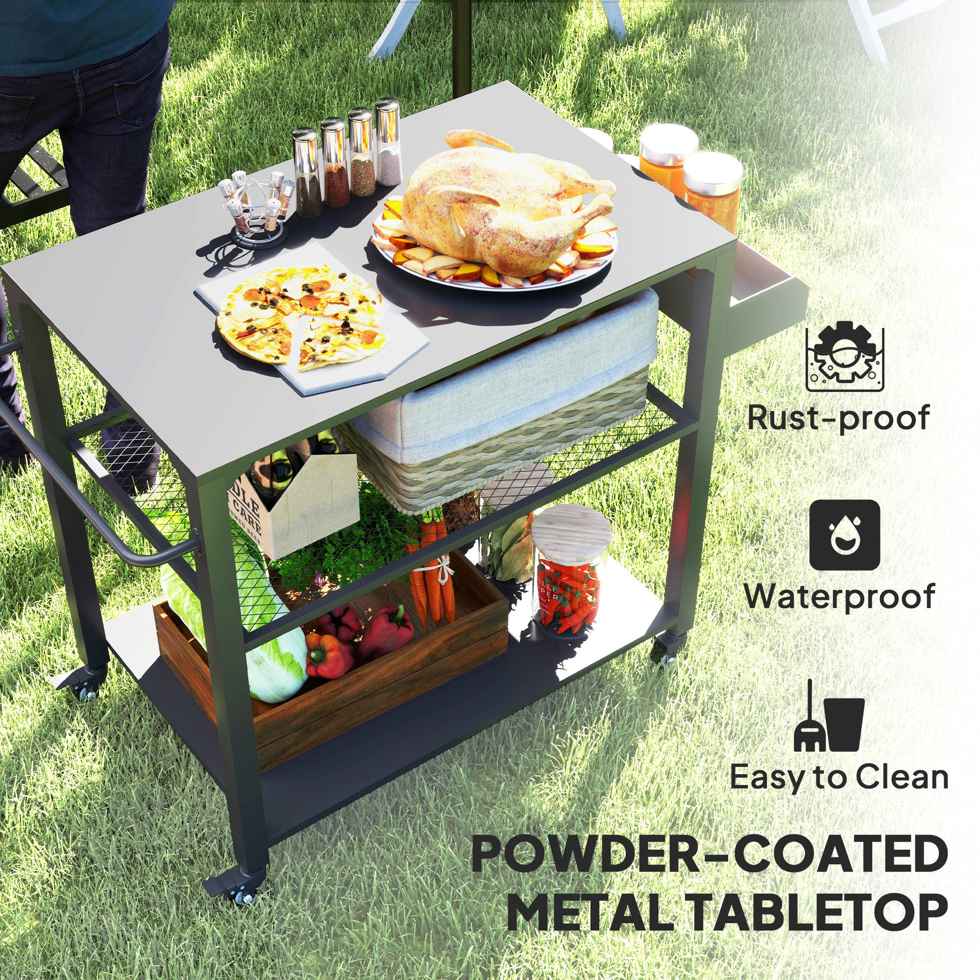 3-Shelf Movable BBQ Prep Table with Hooks & 4 Wheels - Image 6