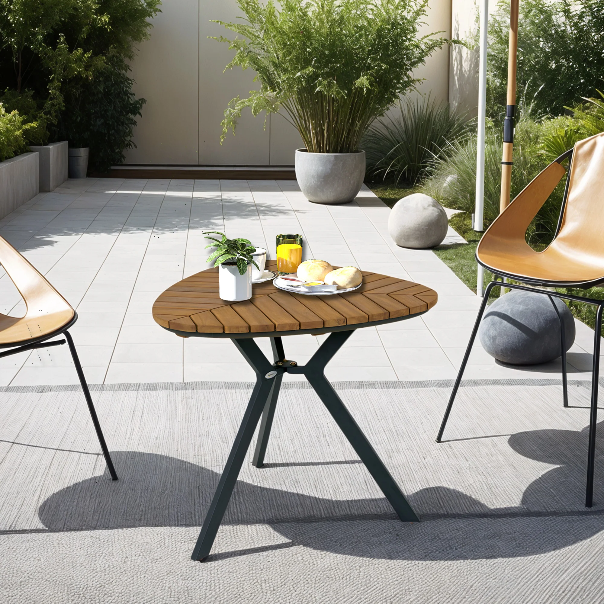 Outdoor Dining Table with Slatted Acacia Wood Leaf Tabletop & Steel Legs, Teak - Image 10