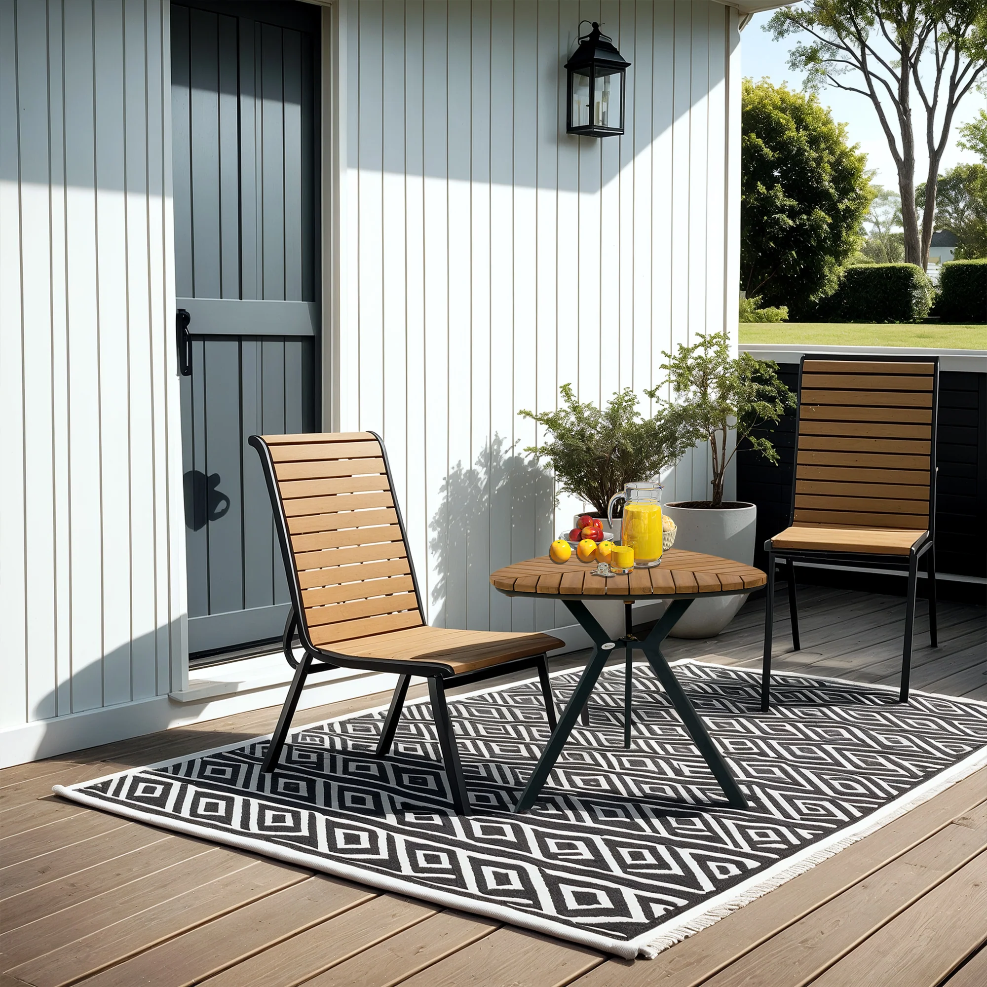 Outdoor Dining Table with Slatted Acacia Wood Leaf Tabletop & Steel Legs, Teak - Image 11