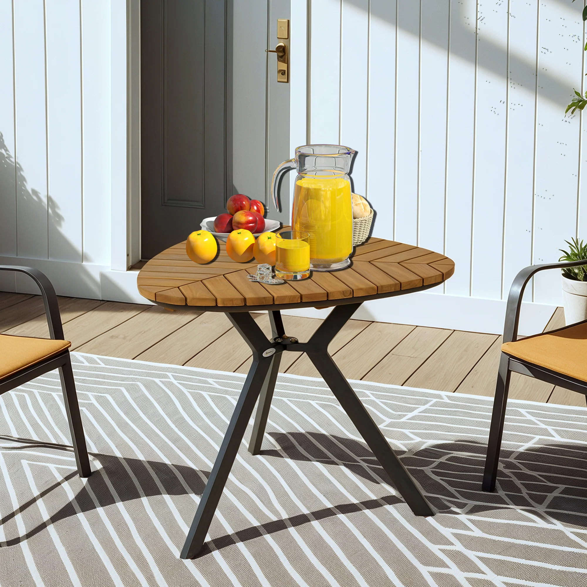 Outdoor Dining Table with Slatted Acacia Wood Leaf Tabletop & Steel Legs, Teak - Image 3