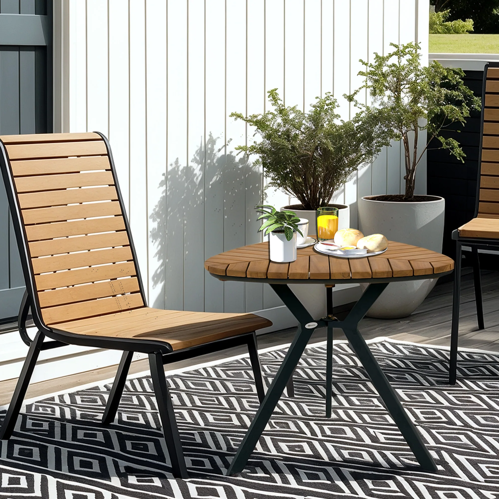 Outdoor Dining Table with Slatted Acacia Wood Leaf Tabletop & Steel Legs, Teak - Image 4