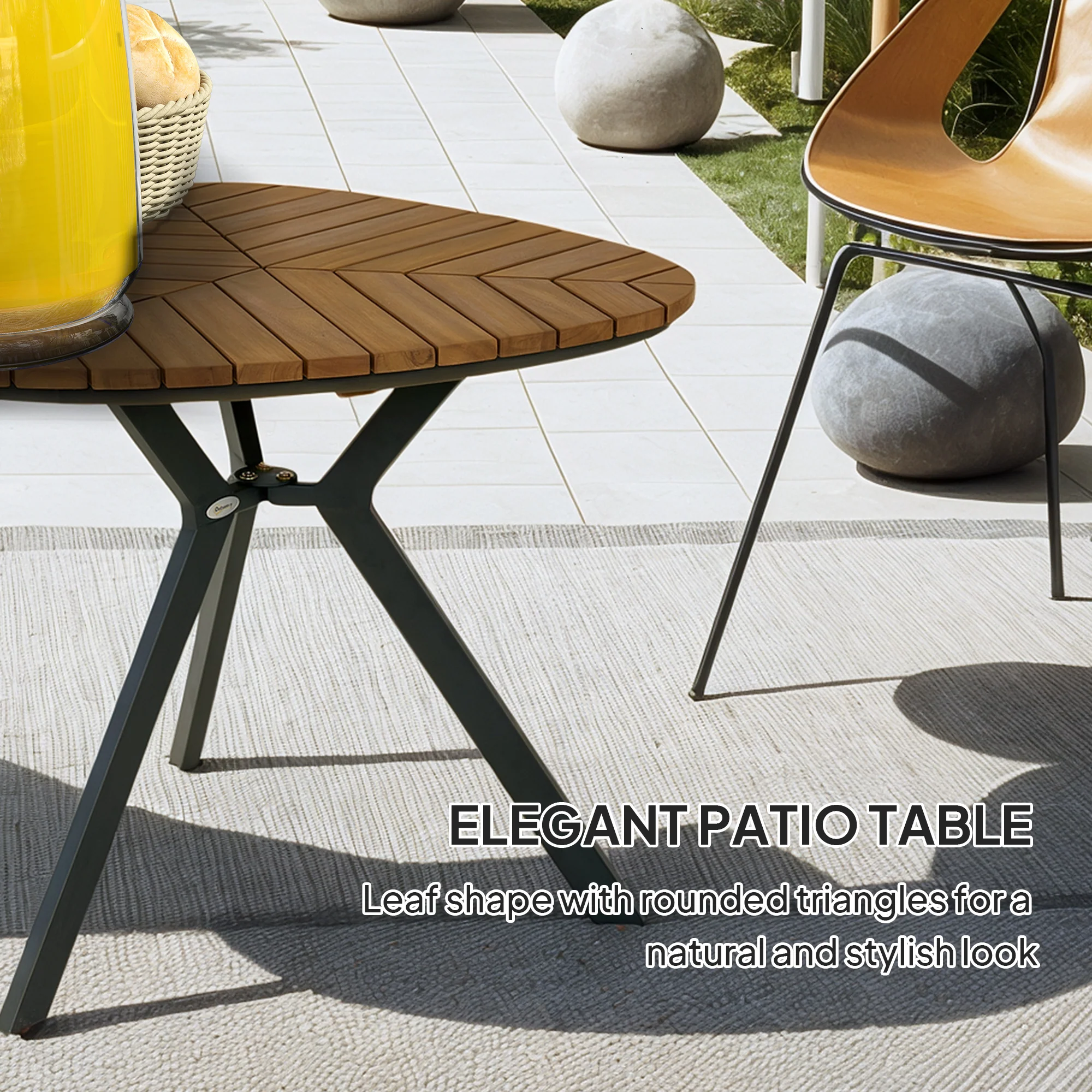 Outdoor Dining Table with Slatted Acacia Wood Leaf Tabletop & Steel Legs, Teak - Image 6