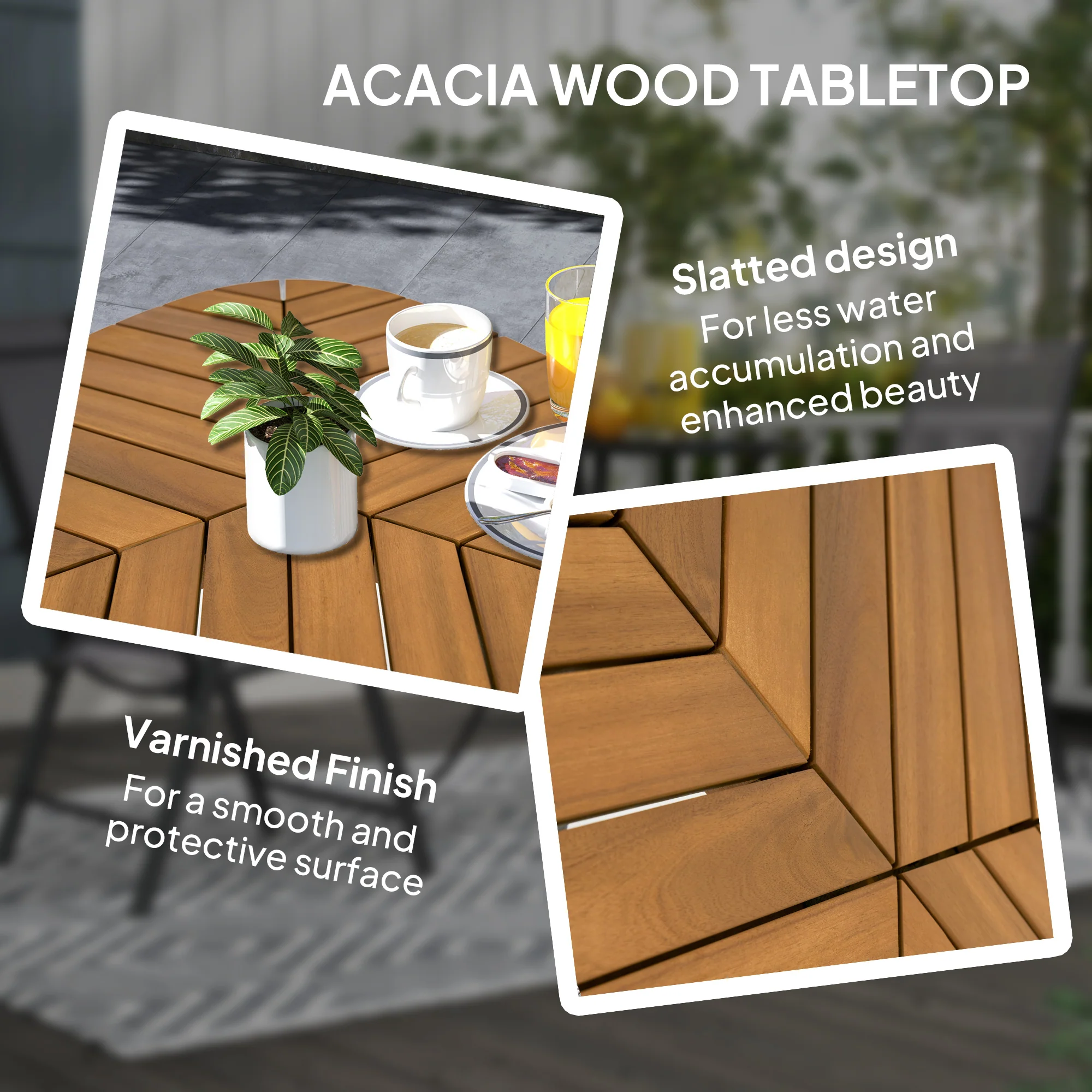 Outdoor Dining Table with Slatted Acacia Wood Leaf Tabletop & Steel Legs, Teak - Image 7