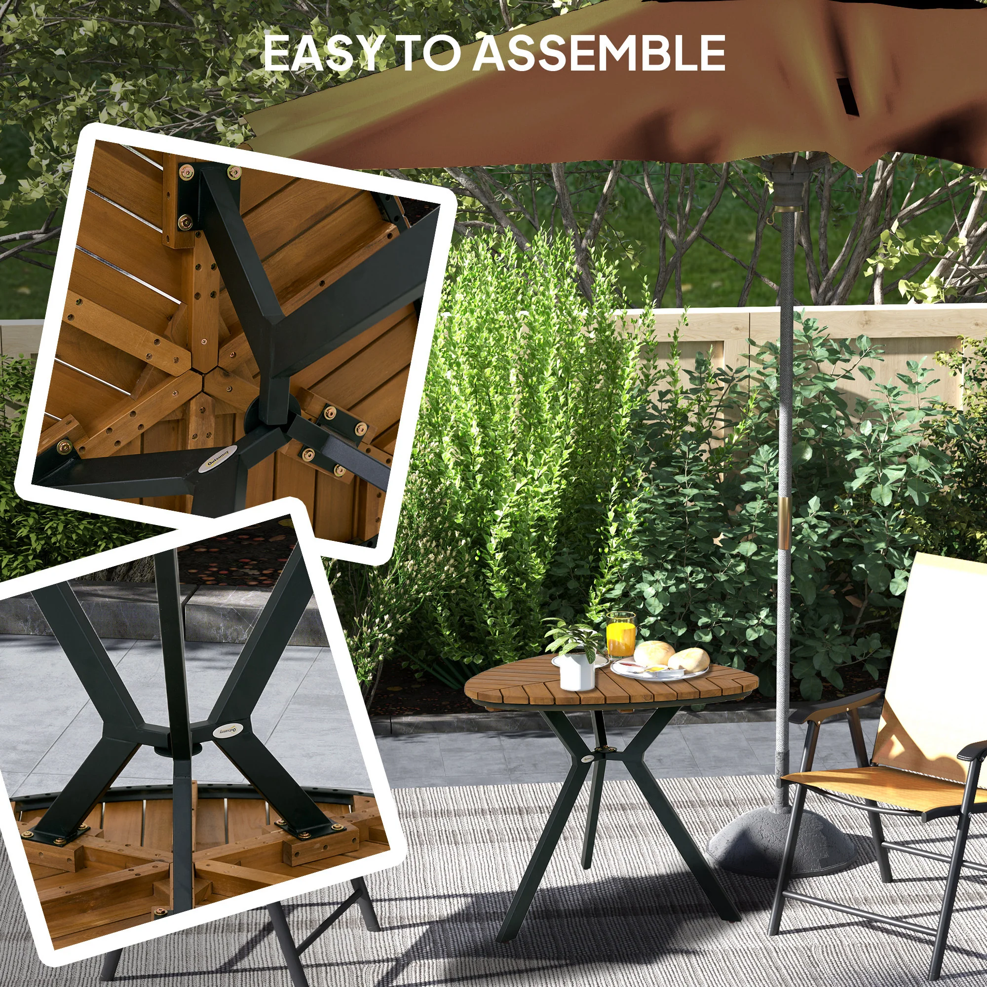 Outdoor Dining Table with Slatted Acacia Wood Leaf Tabletop & Steel Legs, Teak - Image 9
