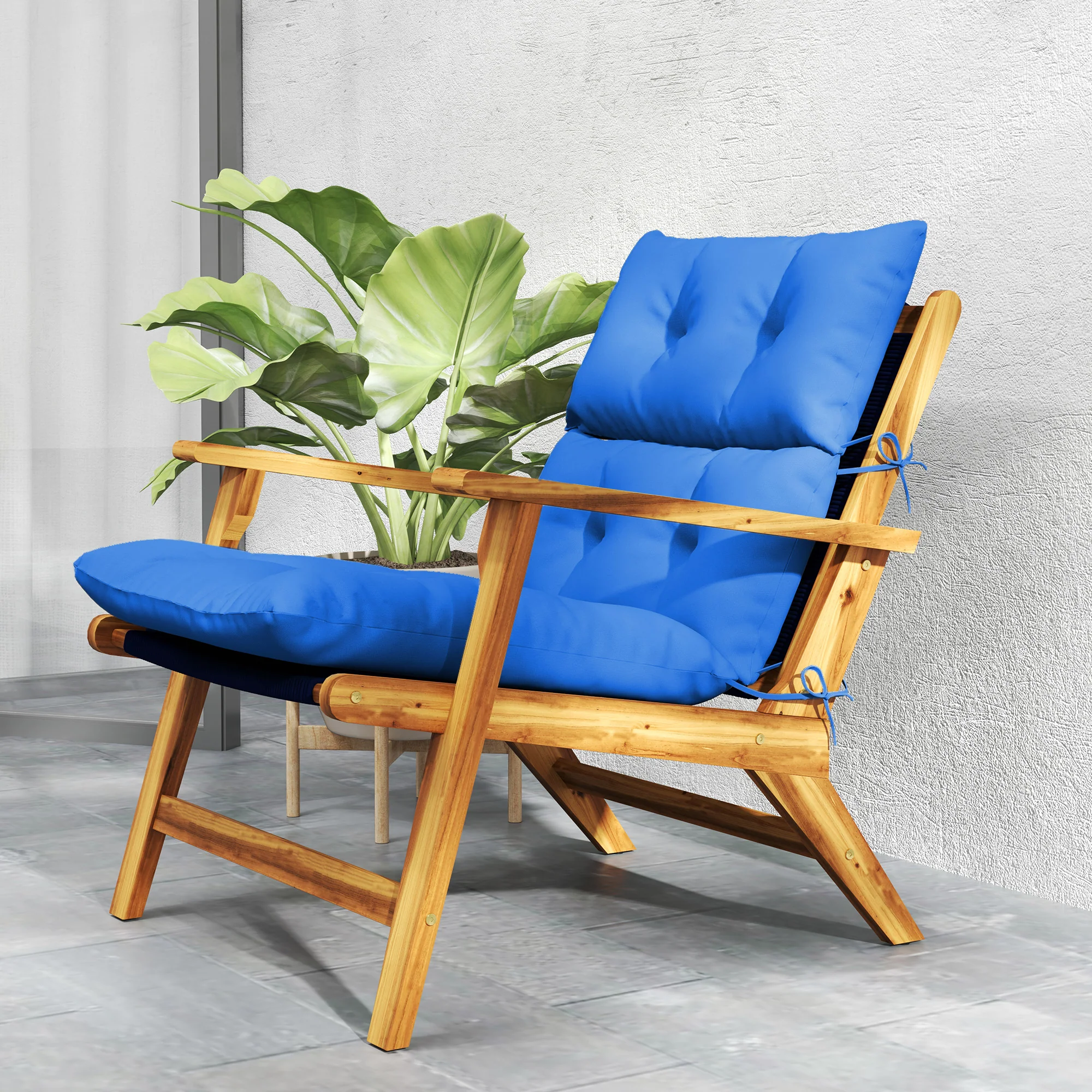 Tufted Adirondack Chair Cushion, Rocking Chair Cushion Pad with Backrest & Ties, Blue - Image 11