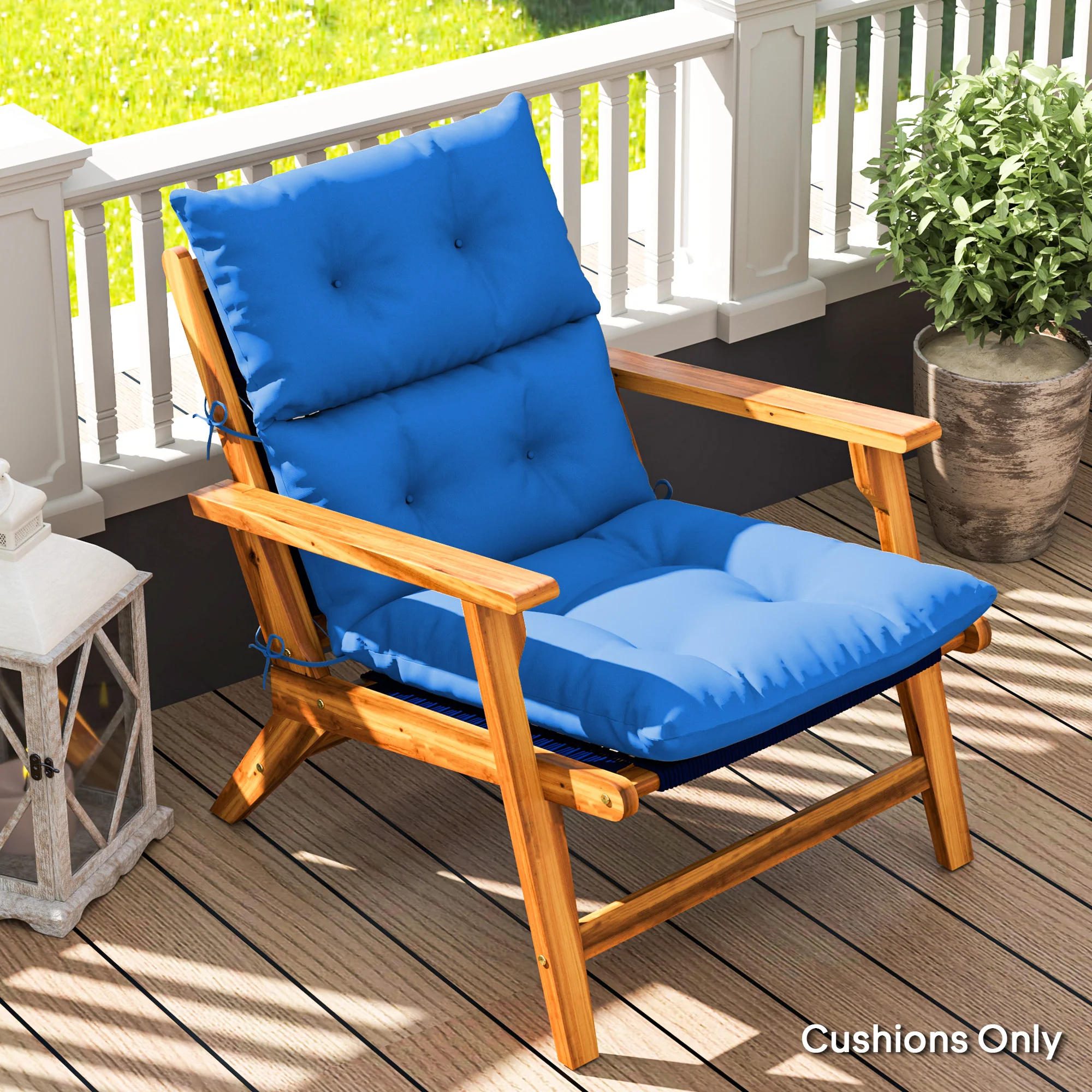Tufted Adirondack Chair Cushion, Rocking Chair Cushion Pad with Backrest & Ties, Blue - Image 3