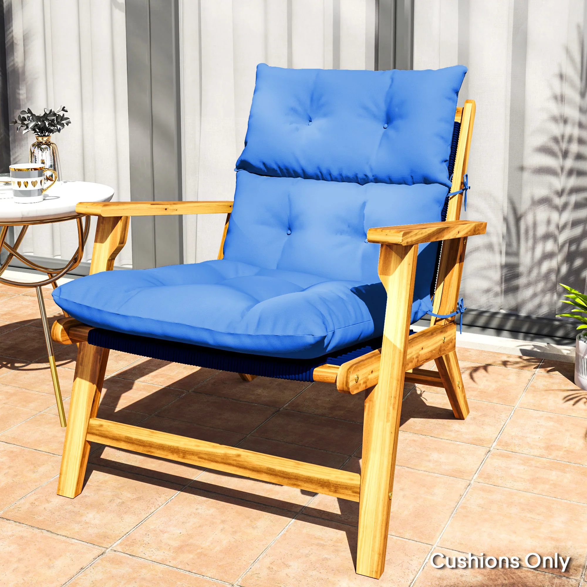 Tufted Adirondack Chair Cushion, Rocking Chair Cushion Pad with Backrest & Ties, Blue - Image 4