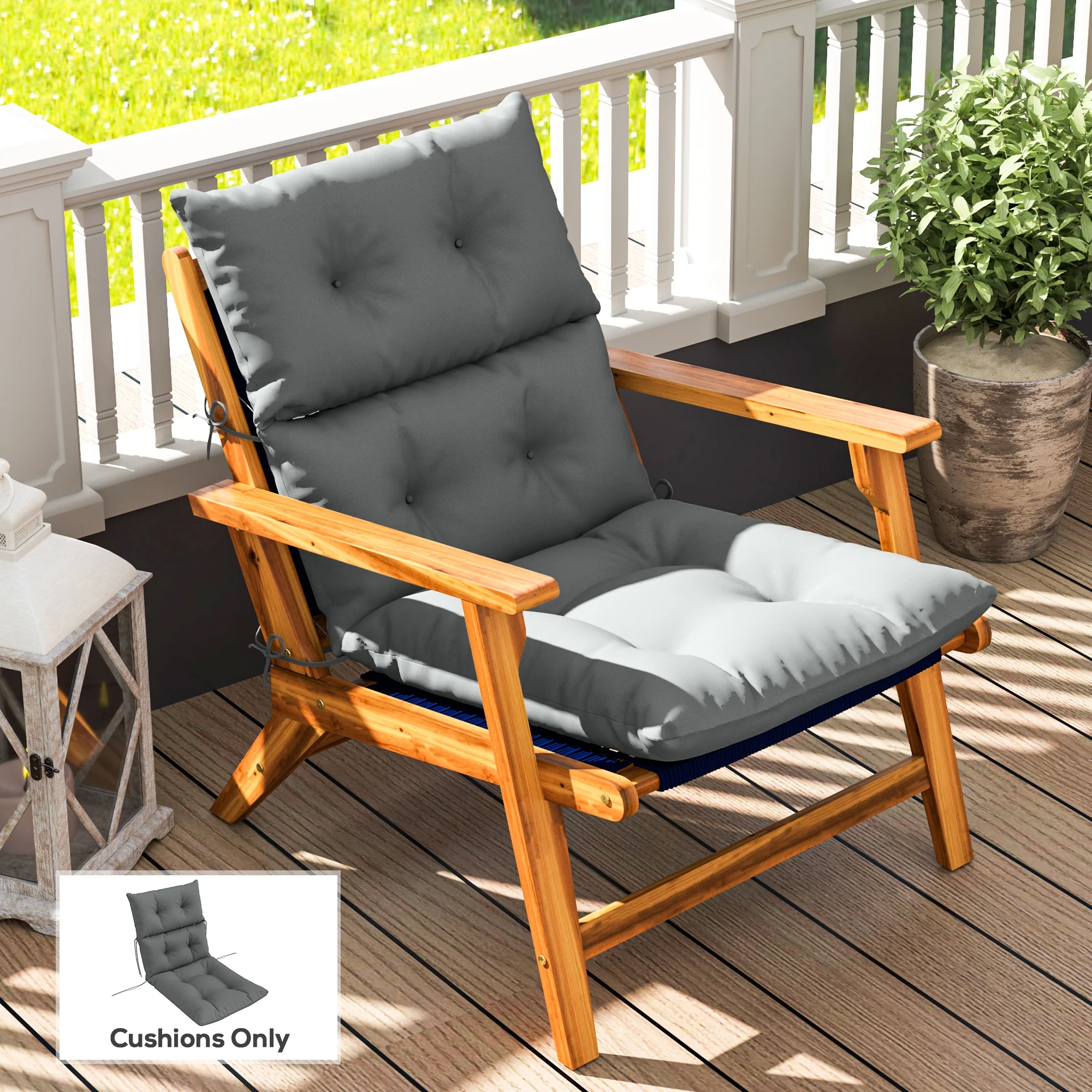 Tufted Adirondack Chair Cushion, Rocking Chair Cushion Pad with Backrest & Ties, Light Grey - Image 2