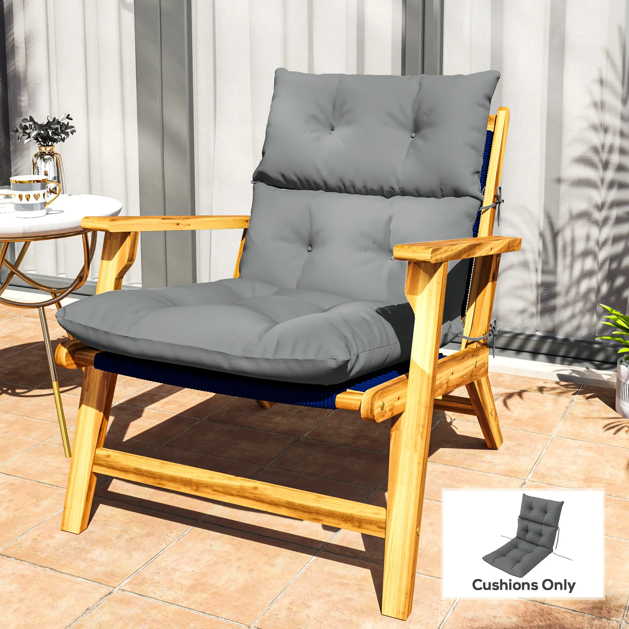 Tufted Adirondack Chair Cushion, Rocking Chair Cushion Pad with Backrest & Ties, Light Grey - Image 3