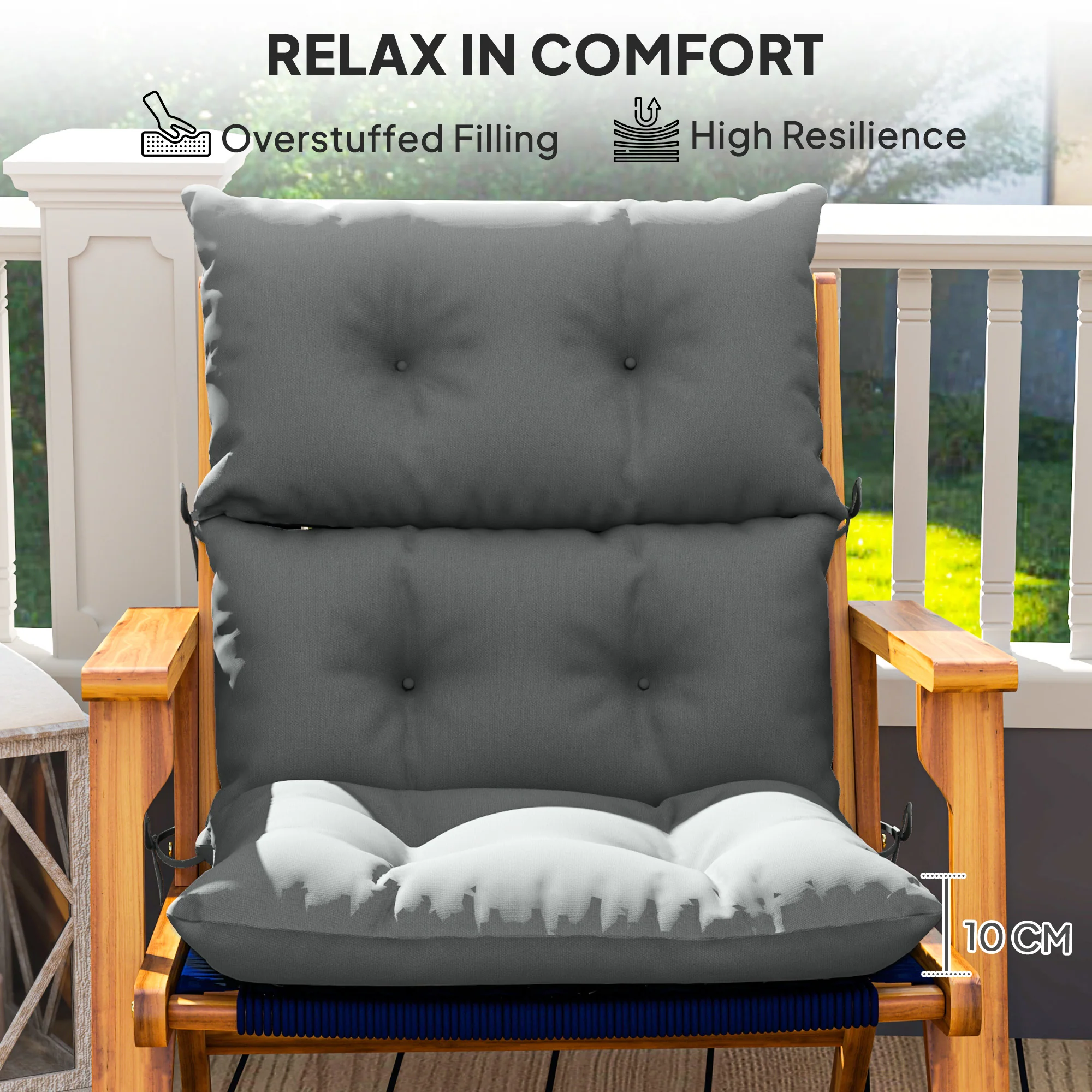 Tufted Adirondack Chair Cushion, Rocking Chair Cushion Pad with Backrest & Ties, Light Grey - Image 5