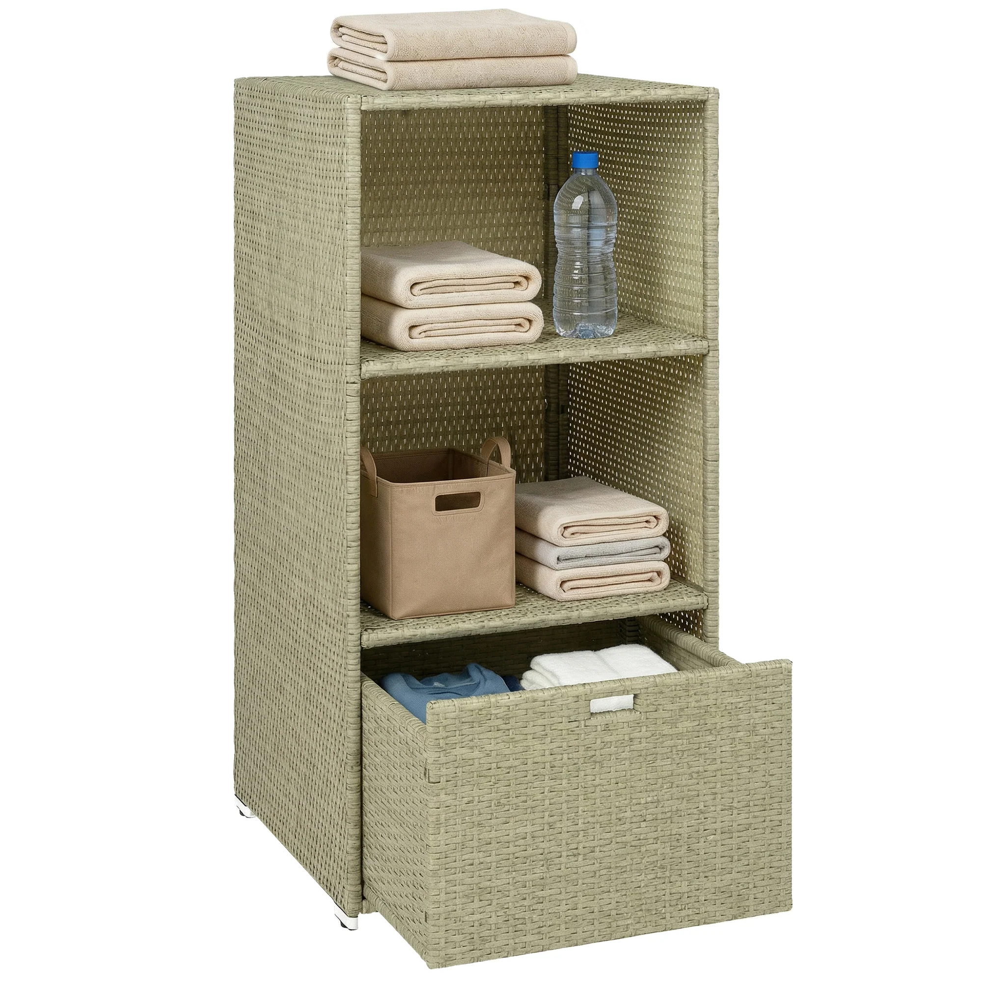Pool Towel Rack with 2 Shelves and Basket Drawer, PE Rattan, Gradient Gray