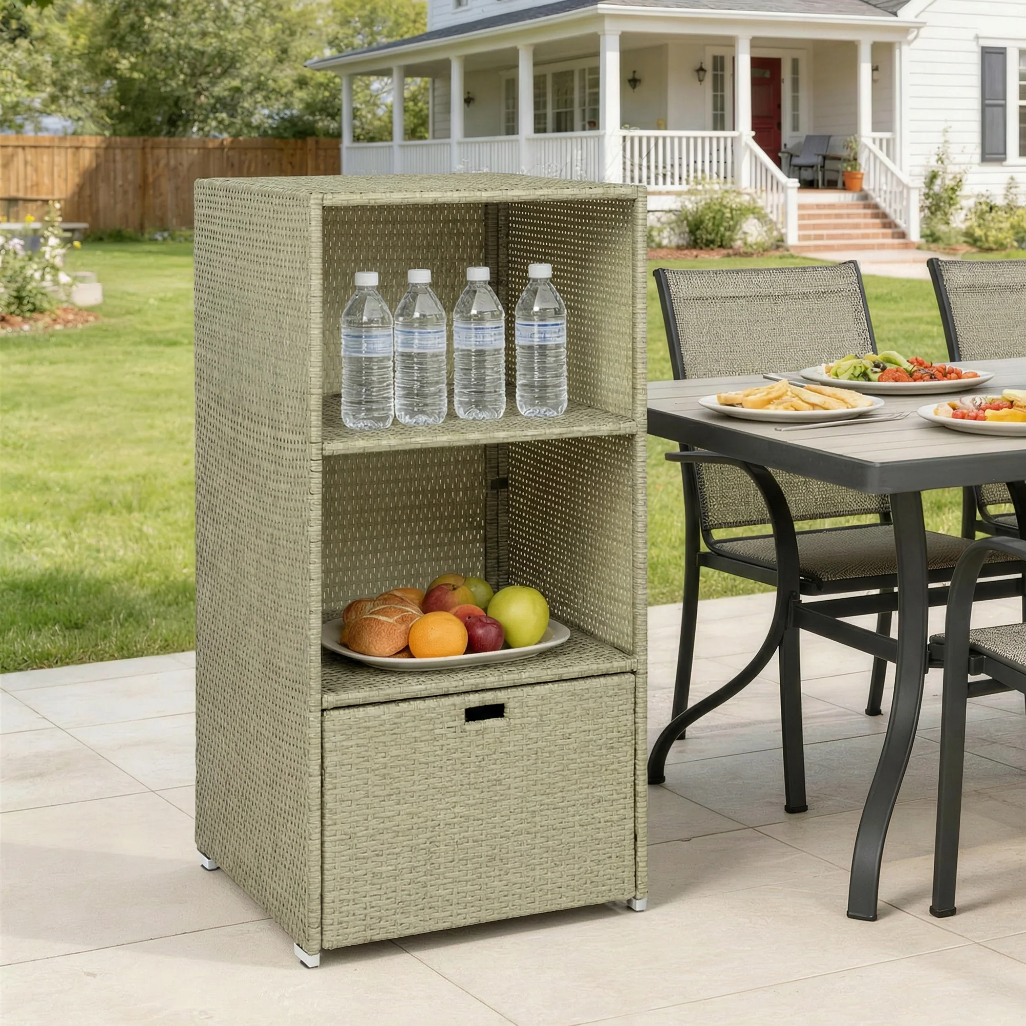 Pool Towel Rack with 2 Shelves and Basket Drawer, PE Rattan, Gradient Gray - Image 10