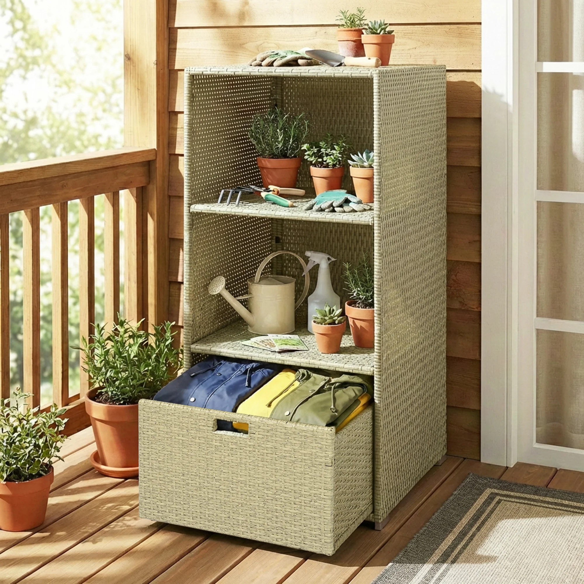 Pool Towel Rack with 2 Shelves and Basket Drawer, PE Rattan, Gradient Gray - Image 11