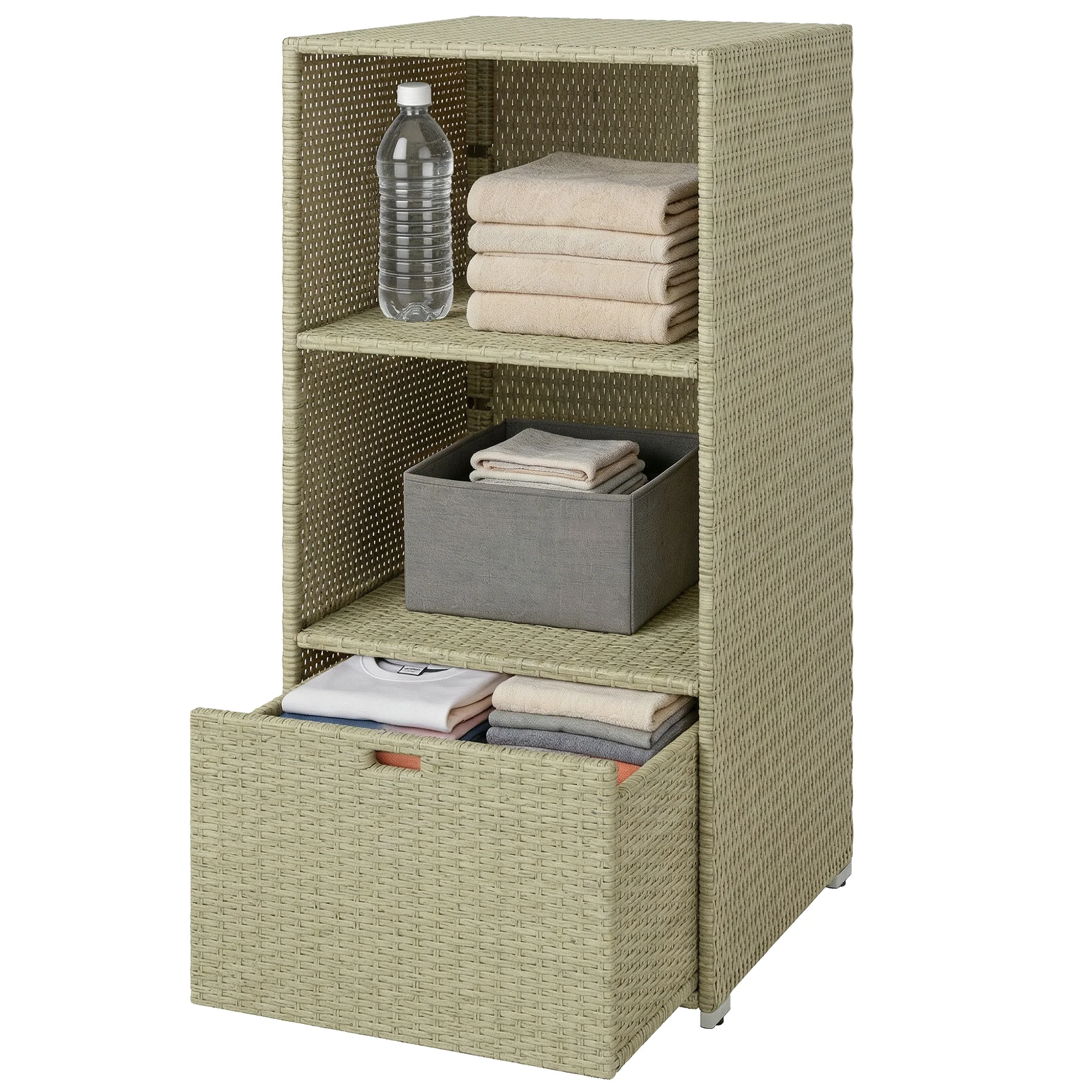Pool Towel Rack with 2 Shelves and Basket Drawer, PE Rattan, Gradient Gray - Image 2