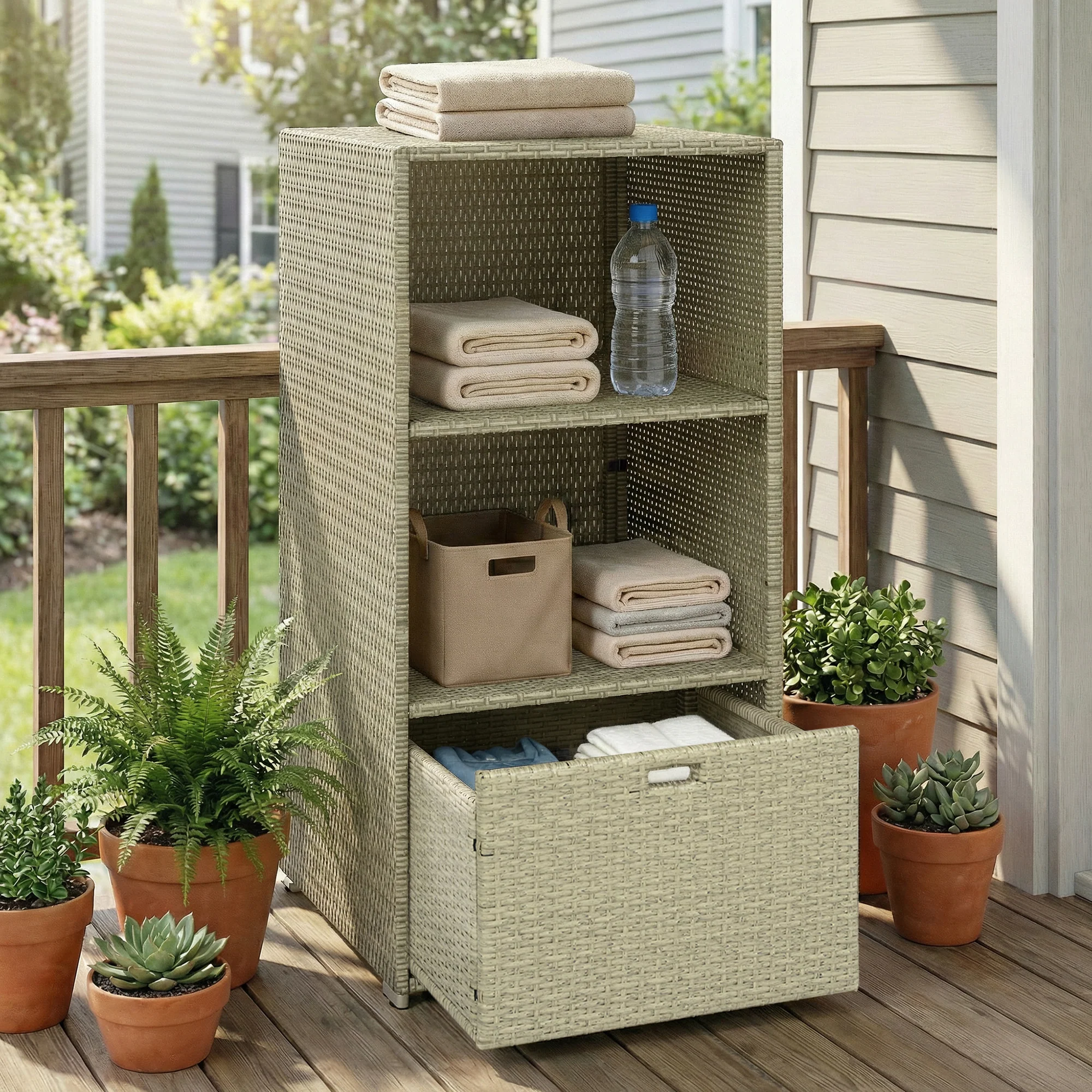Pool Towel Rack with 2 Shelves and Basket Drawer, PE Rattan, Gradient Gray - Image 3