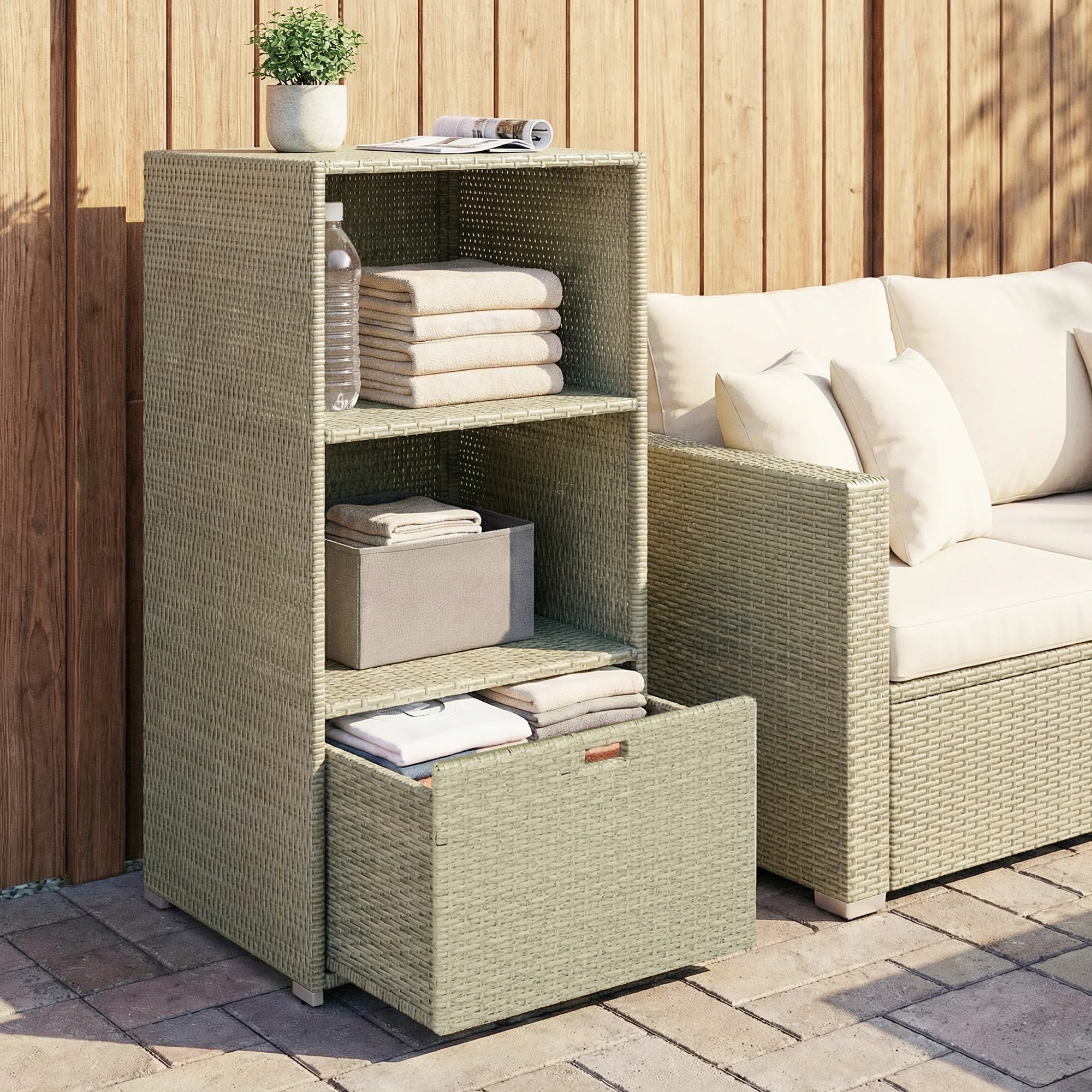 Pool Towel Rack with 2 Shelves and Basket Drawer, PE Rattan, Gradient Gray - Image 4