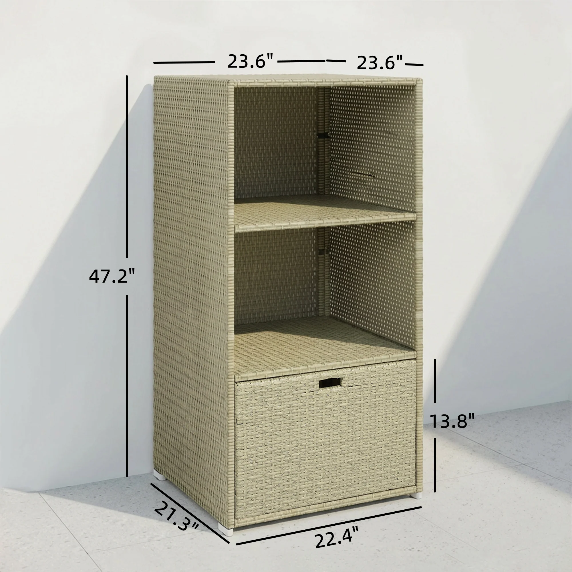 Pool Towel Rack with 2 Shelves and Basket Drawer, PE Rattan, Gradient Gray - Image 5