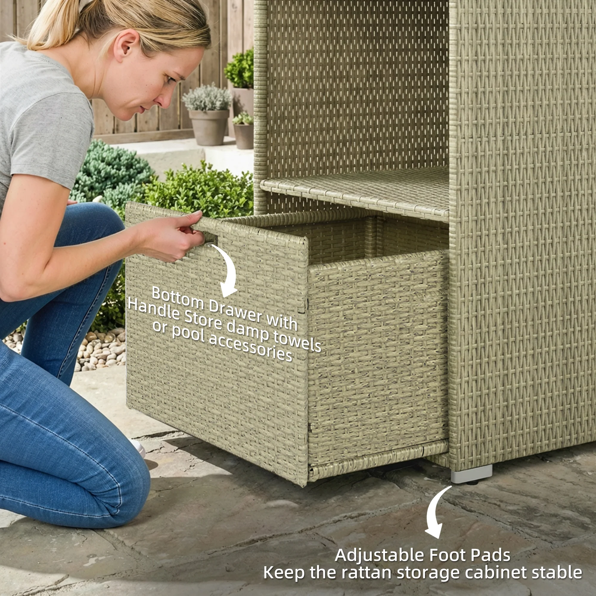 Pool Towel Rack with 2 Shelves and Basket Drawer, PE Rattan, Gradient Gray - Image 8