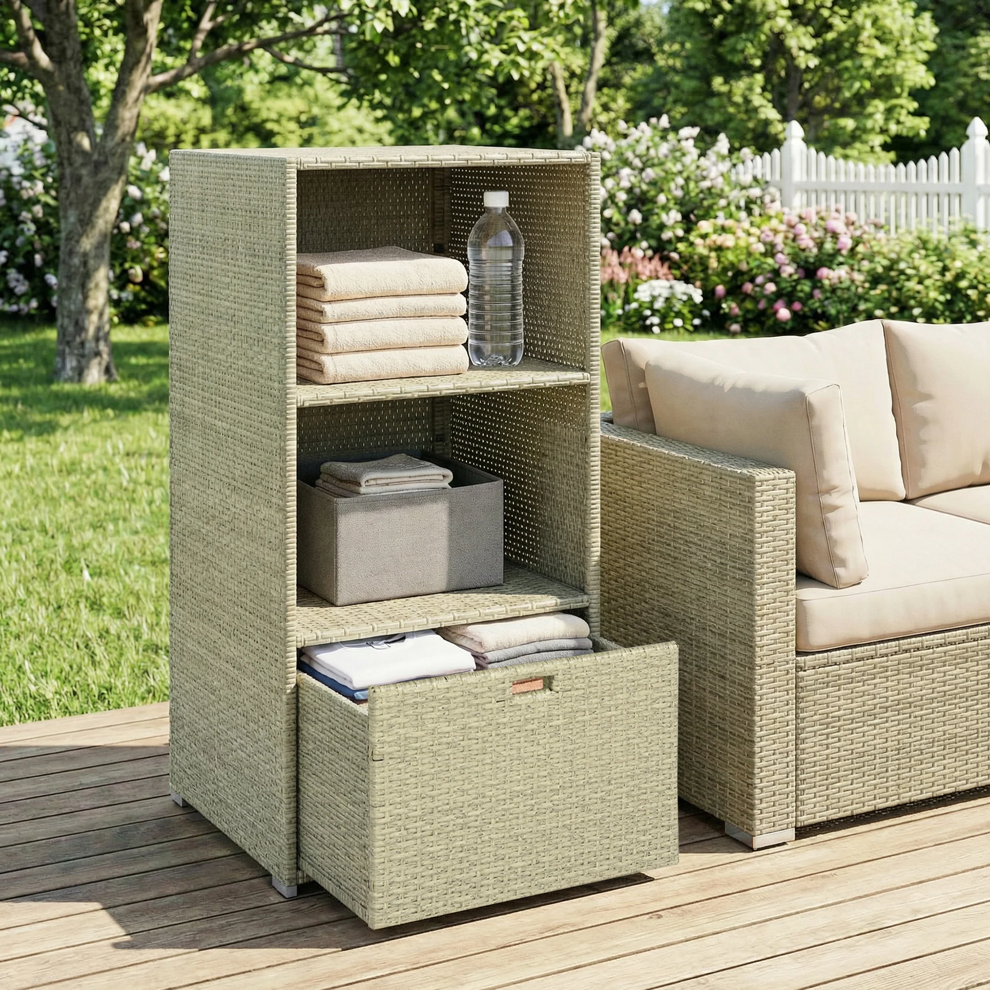 Pool Towel Rack with 2 Shelves and Basket Drawer, PE Rattan, Gradient Gray - Image 9