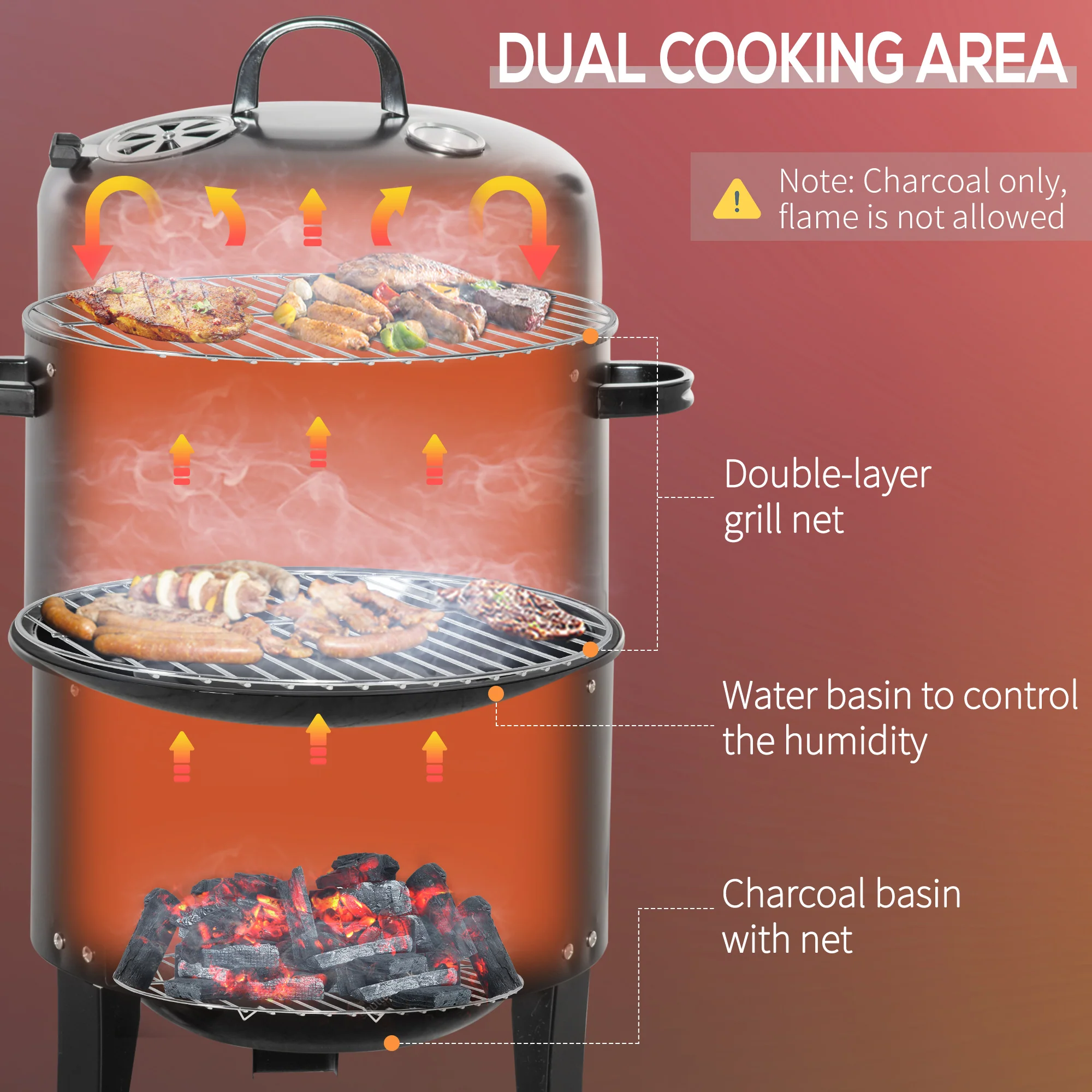 16" Vertical Charcoal Smoker with Dual Cooking Zones, Black - Image 7