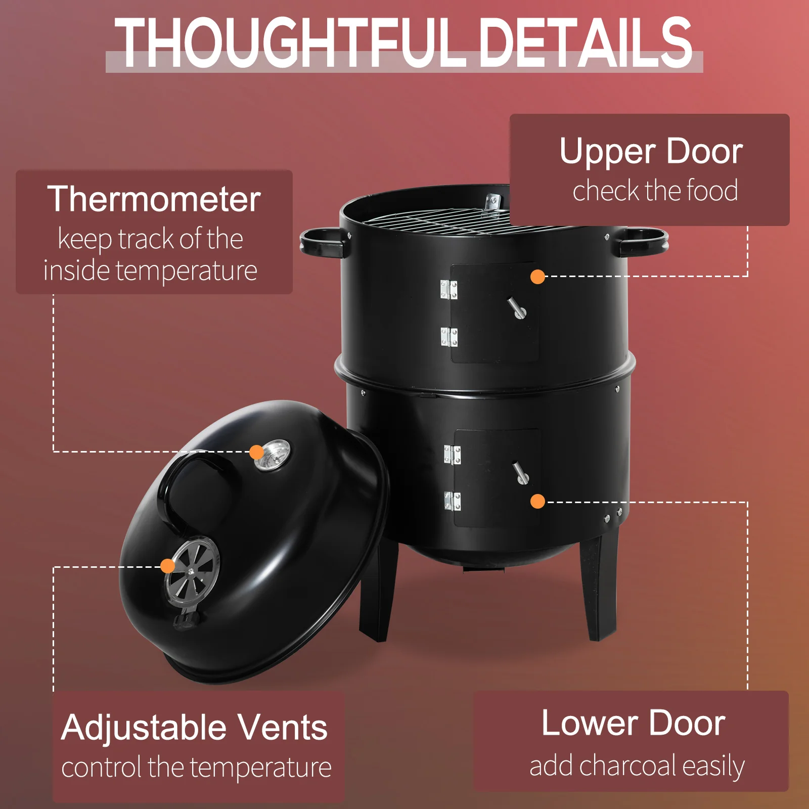 16" Vertical Charcoal Smoker with Dual Cooking Zones, Black - Image 8
