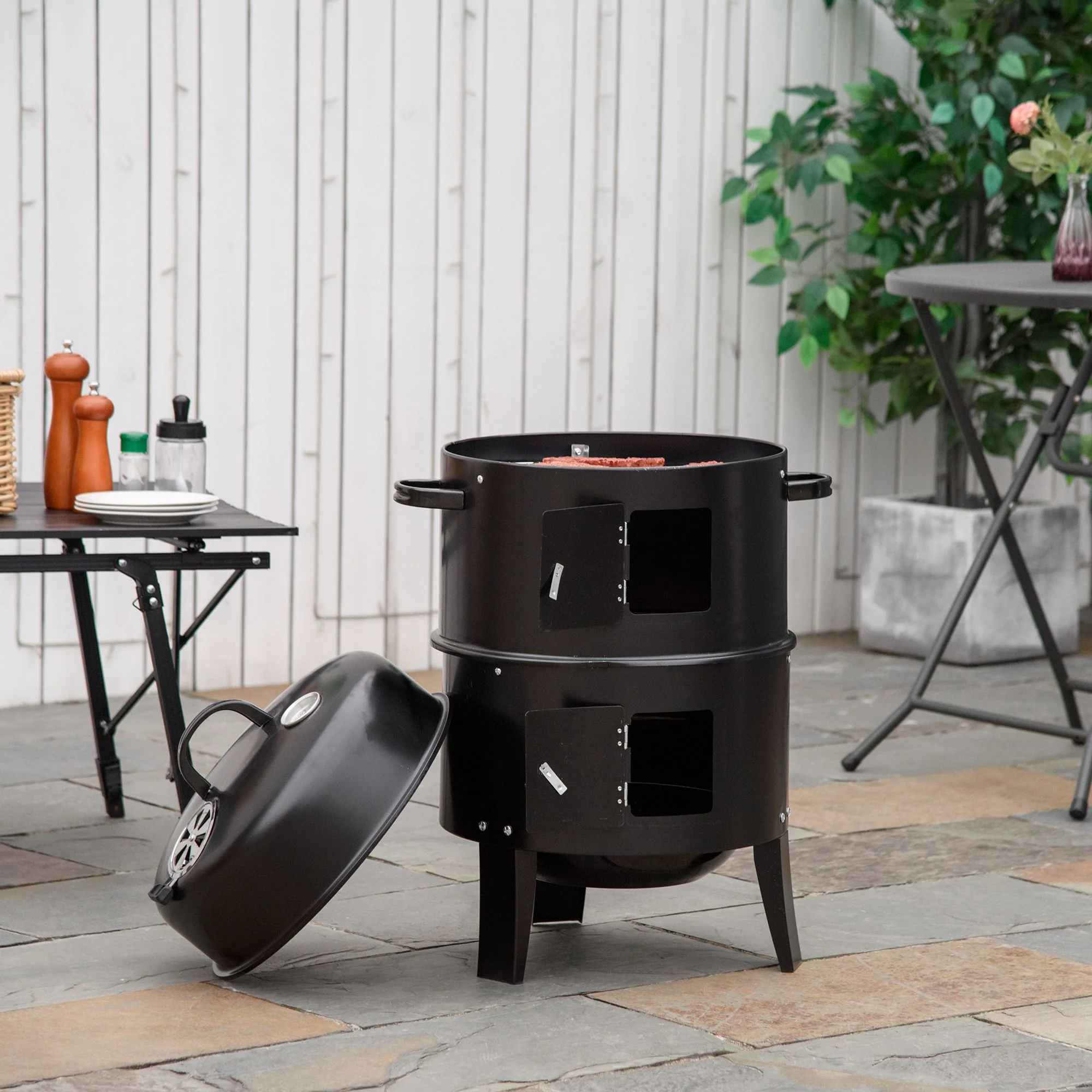 3-in-1 16" Vertical  Round Charcoal Barbecue Grill for Outdoor Camping Picnic, Black - Image 3