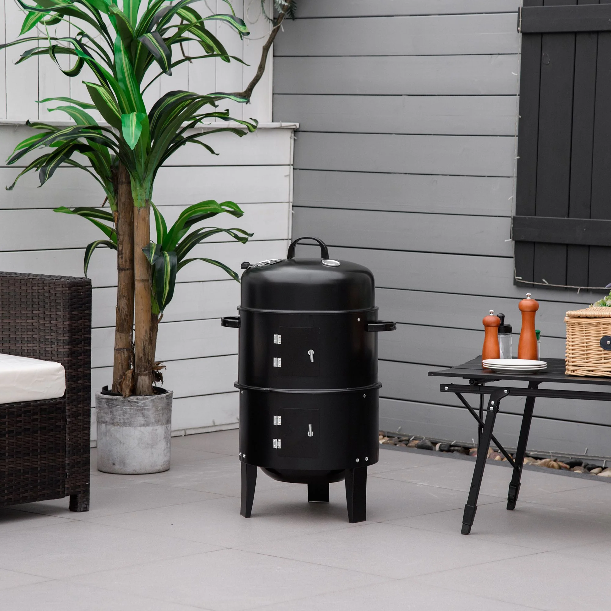 3-in-1 16" Vertical  Round Charcoal Barbecue Grill for Outdoor Camping Picnic, Black - Image 4